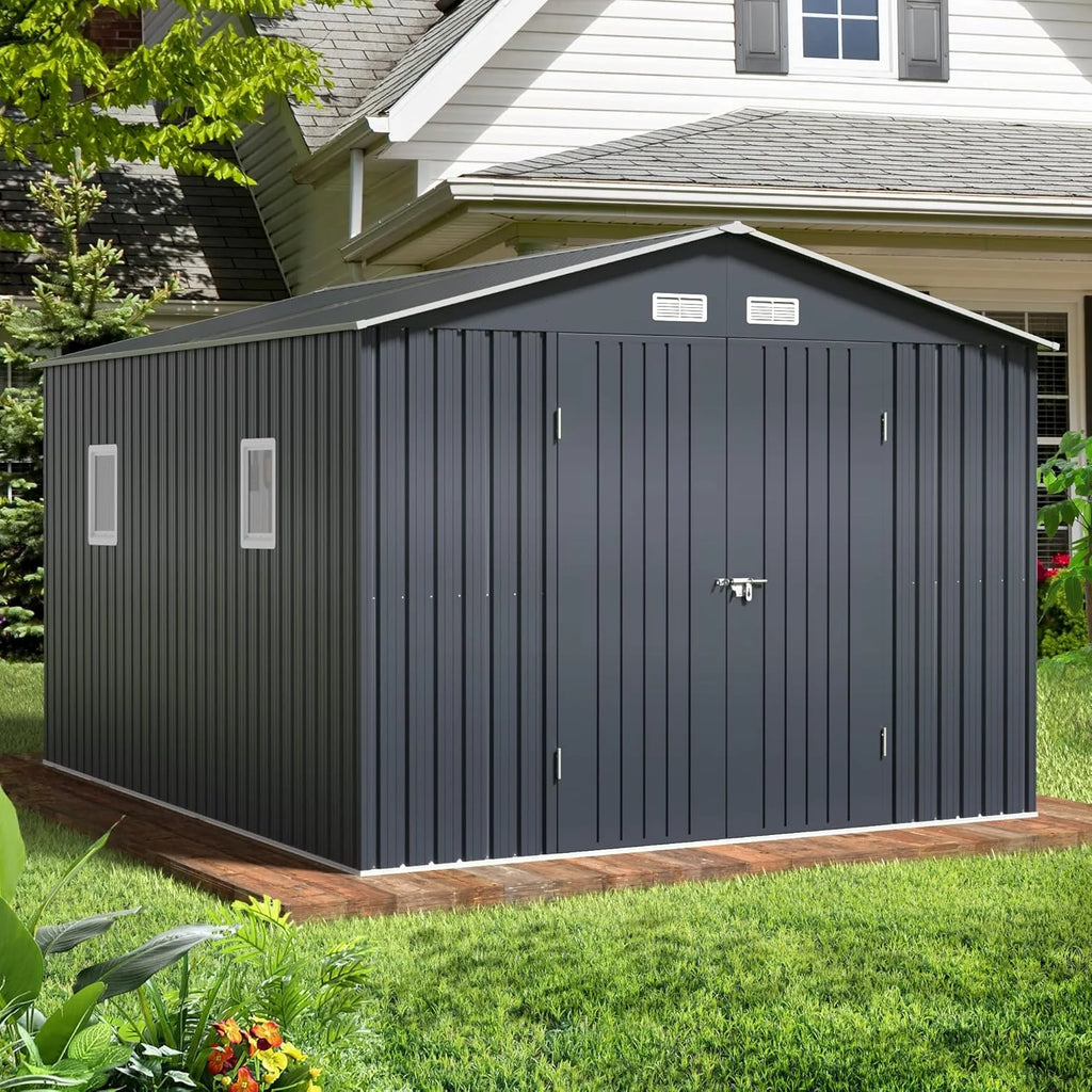Breezz 8X10FT Outdoor Steel Storage Shed Lockable Doors Weather-Resistant Metal Tool Shed