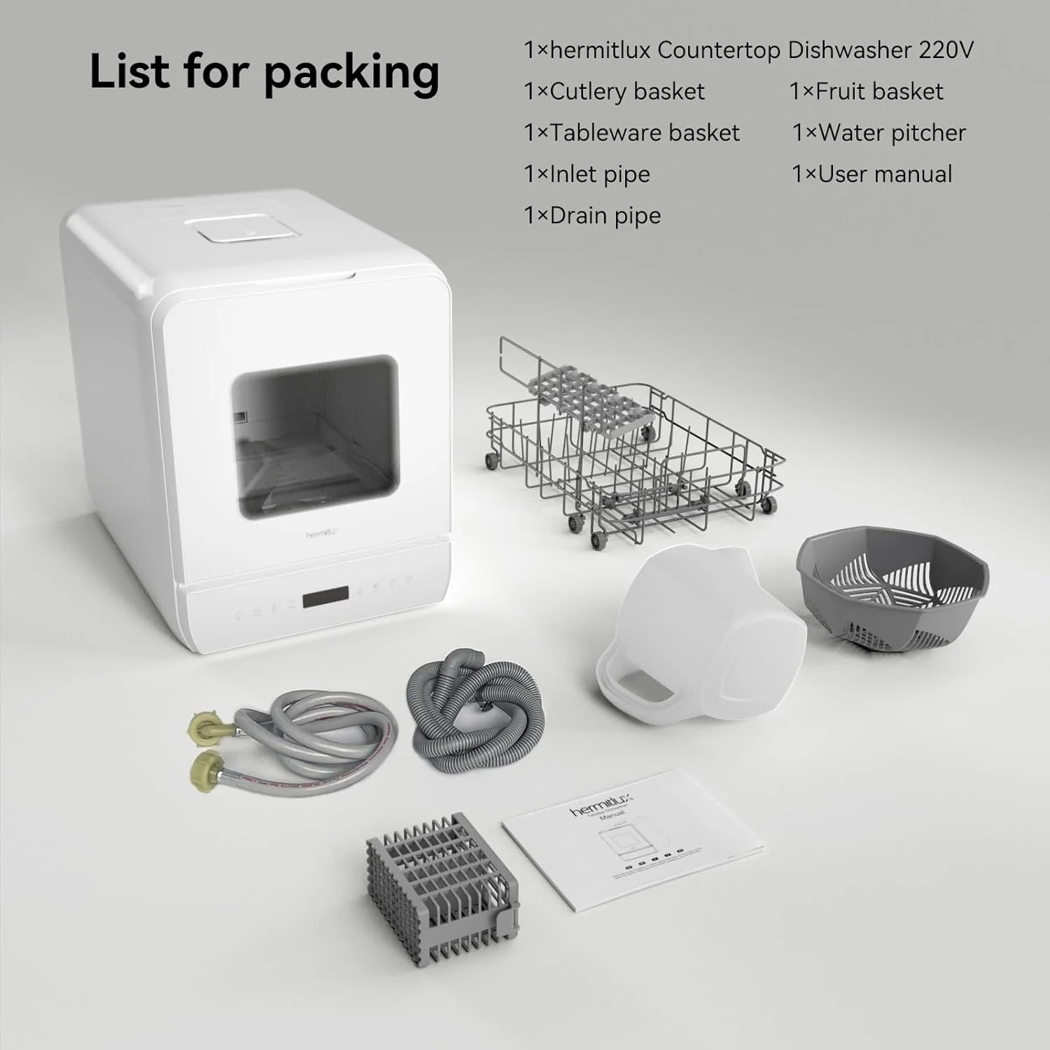 Hermitlux Countertop Dishwasher, 7 Washing Programs Portable Mini Dishwasher with 5-Liter Built-in Water Tank for Apartments & RVs, LED Light, Glass Door, No Hookup Needed