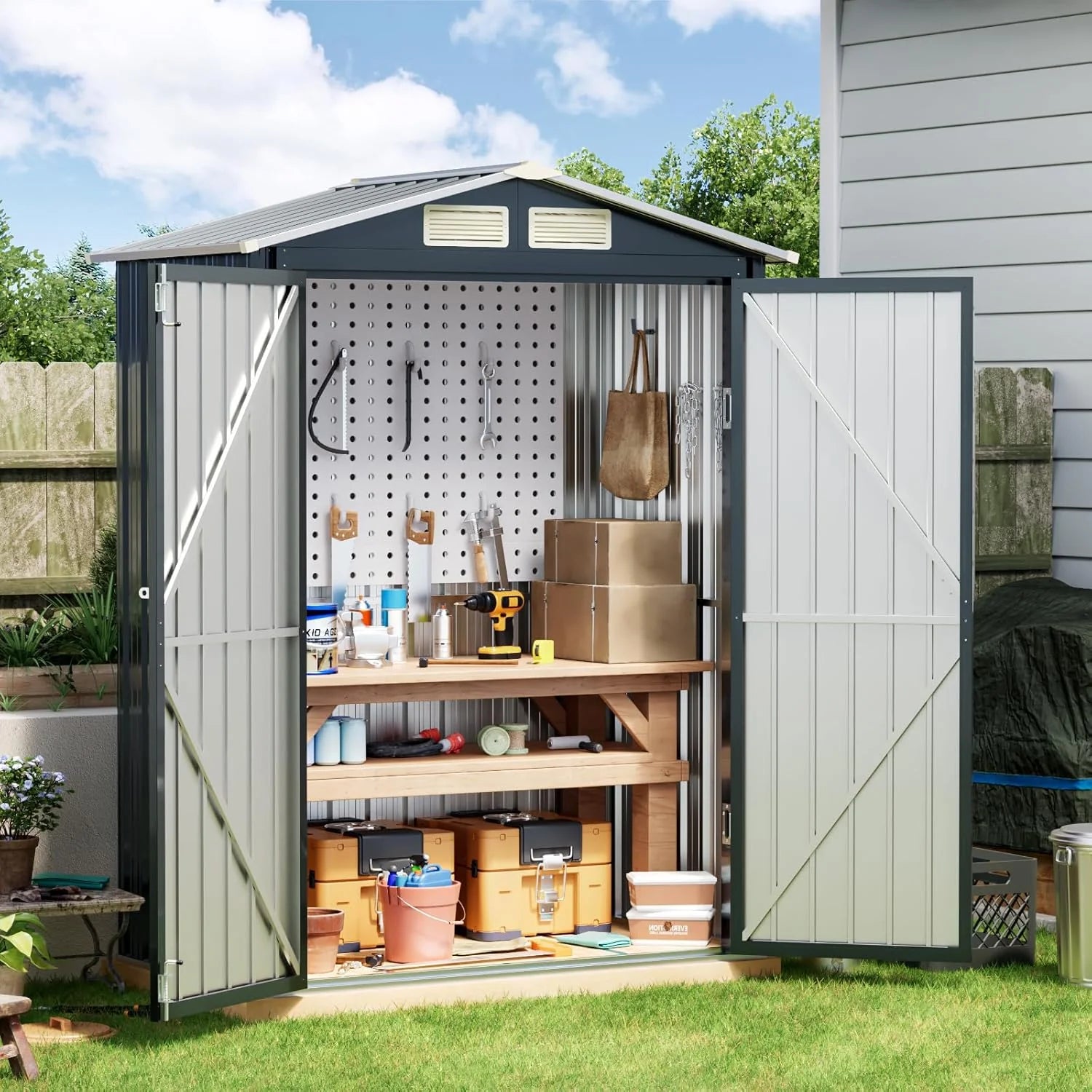 Breezz 8X10FT Outdoor Steel Storage Shed Lockable Doors Weather-Resistant Metal Tool Shed