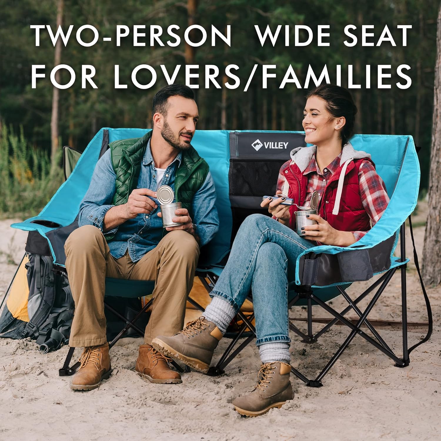 Double camping chair extra wide love seat heavy duty padded camping sofa portable folding chair