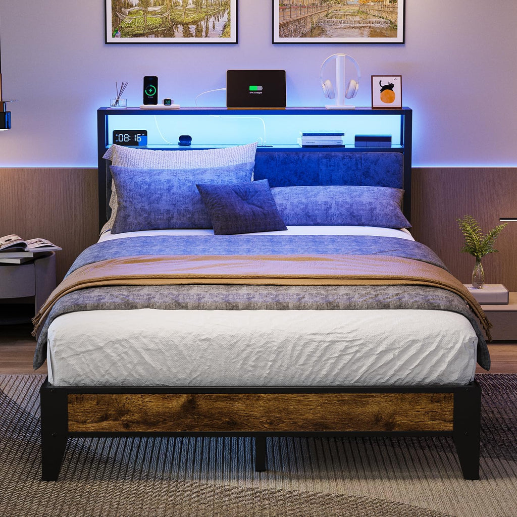 OLEVS Single Bed Frame LED Light Storage Headboard Charging Station Metal Platform Bed