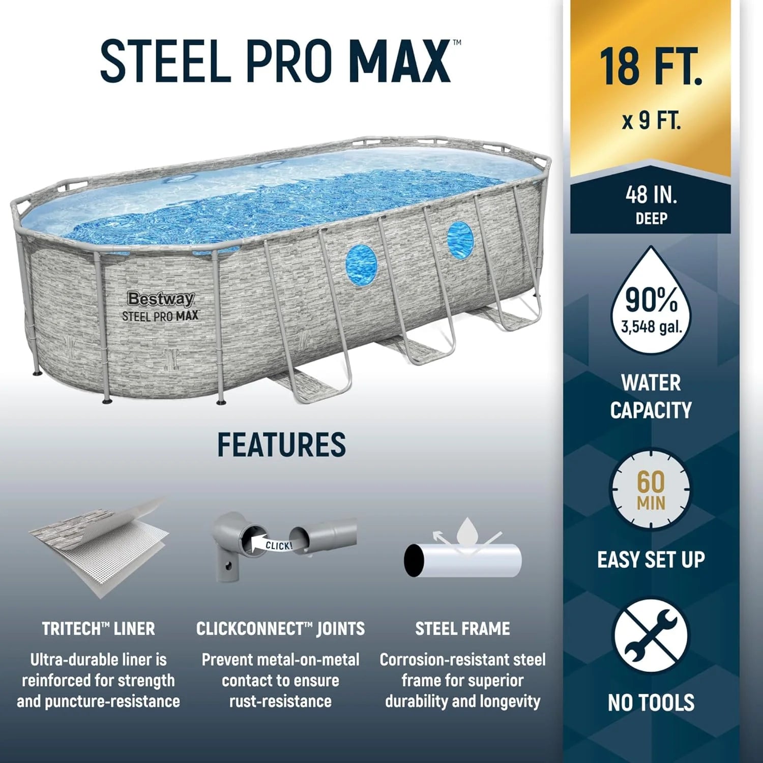 Power Steel Swim Vista Series II 14' x 8' 2 x 39.5 Above Ground Outdoor Swimming Pool Set with 530 GPH Filter Pump, Ladder, and Pool Cover