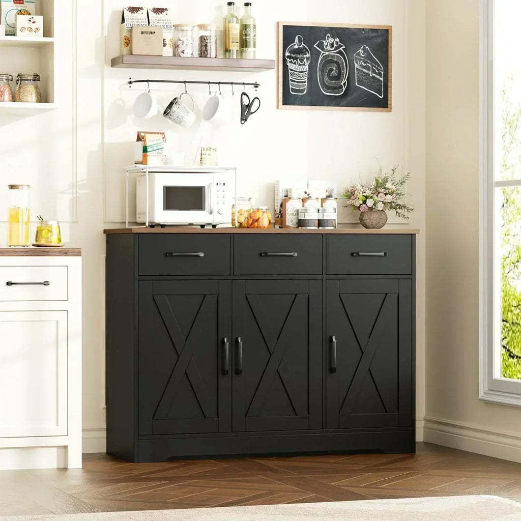 Modern farmhouse sideboard barn door buffet storage cabinet with drawers and shelves