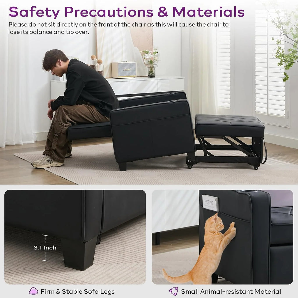 Adult Convertible Sleeper Chair Bed, 3-in-1 Pull-Out Sofa Bed with USB/Type-C Ports, Cup Holders, Side Pockets, Single Sofa