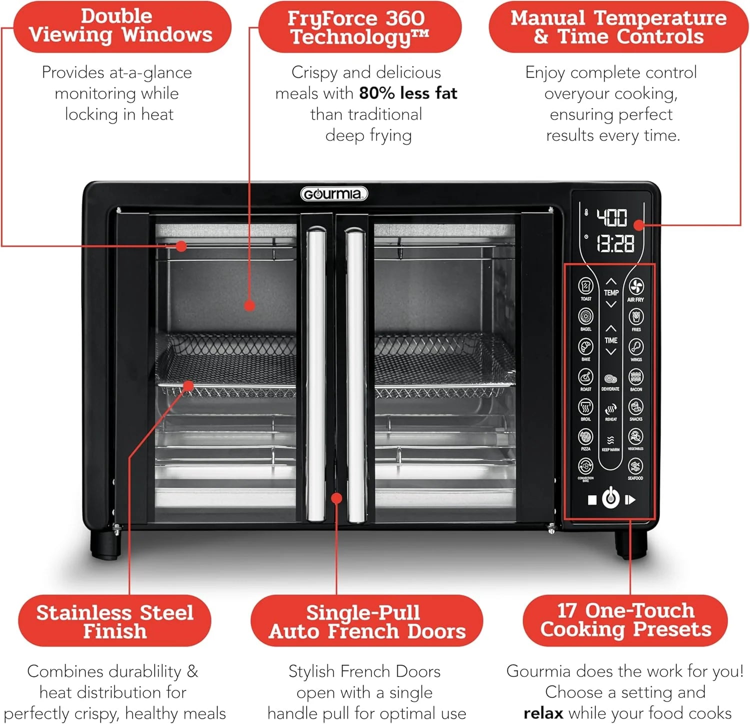 Gourmia Oven Air Fryer Combo with 17 Cooking Presets, 24L Capacity, Convection Rack, Baking Tray, Recipe Book GTF7460