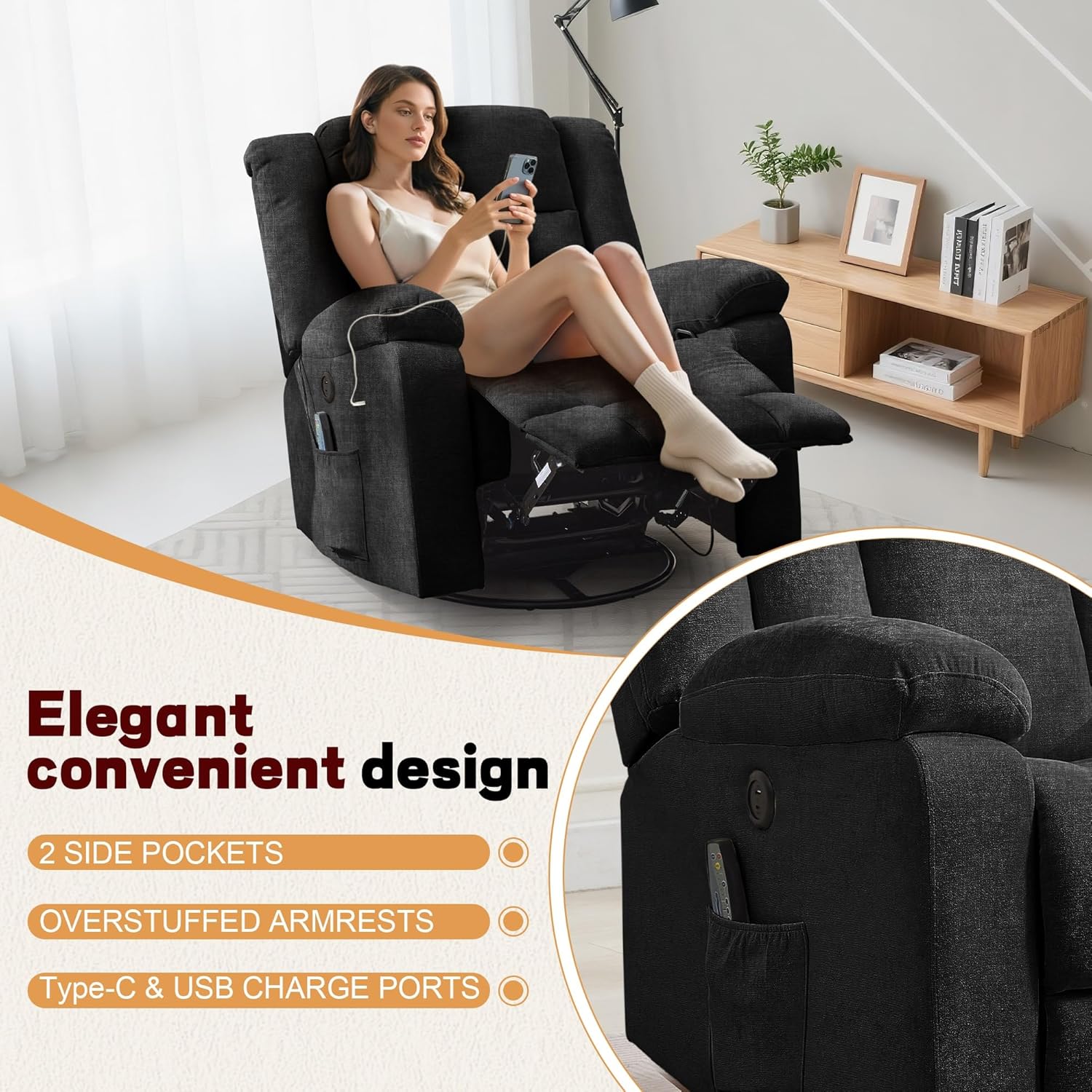Rocker Recliner, Glider Recliner Chairs for Adults, 360�� Swivel Rocking Chair with Massage and Heating, Nursery Chair