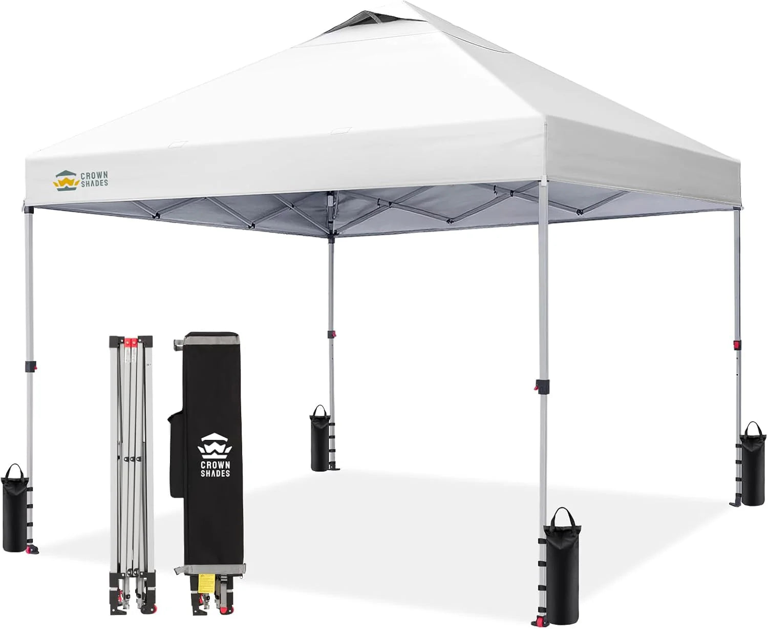 Crown Shades 10x10 Pop Up Canopy - Beach Tent with One Push Setup - Outdoor Sun Shade for Events, Parties, Camping - Gazebo with STO-N-Go Cover Bag, Silver Coated Top, 3 Height& 4 Sand Bags, Yellow