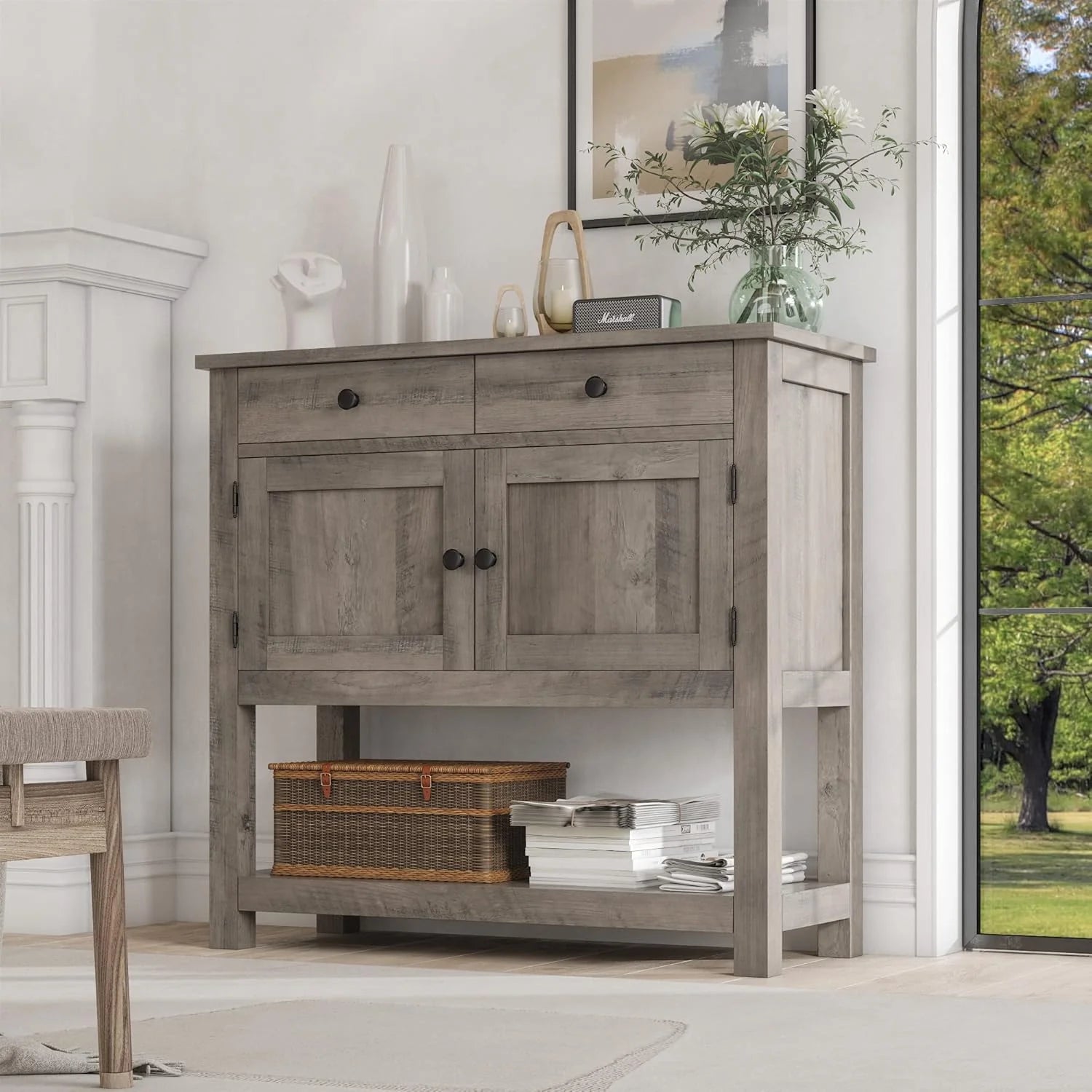HOSTACK Farmhouse Console Table with 2-Door Cabinet & 2 Drawers, Coffee Bar, Entryway Table with Storage Shelf, Sofa Tables Buffet Sideboard for Kitchen, Hallway, Dining, Living Room, Rustic Brown