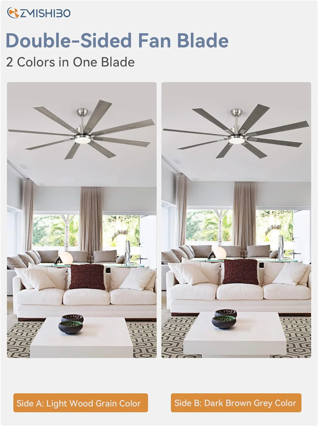 ZMISHIBO 72 inch Large Ceiling Fans with Lights and Remote, Indoor/Outdoor Black Modern Ceiling Fan for Kitchen Living Room Patio, 6 Speed Reversible Quiet DC Motor, 3 CCT, Dual Finish 8 Blades
