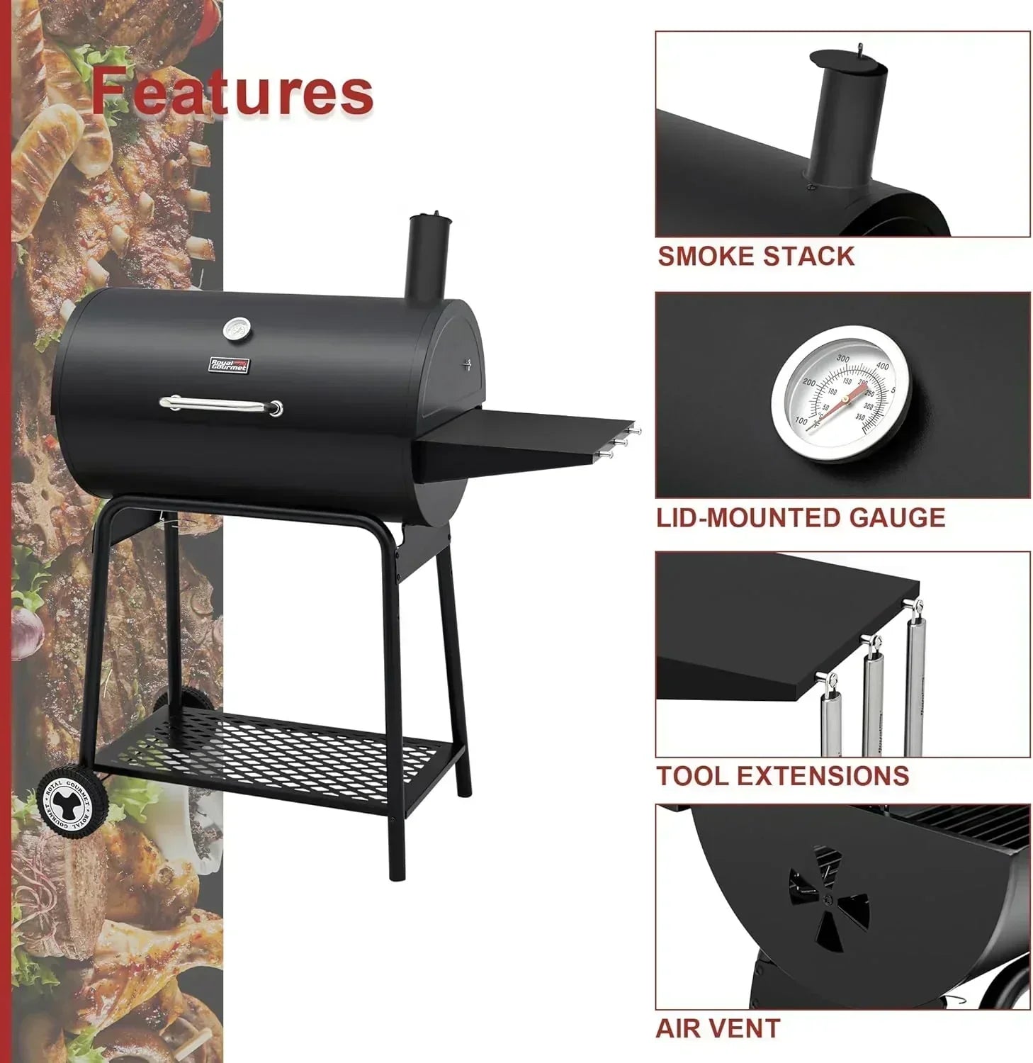Royal Gourmet CC1830 30 Inch Barrel Charcoal Grill with Side Table Outdoor BBQ Grill  for Backyard