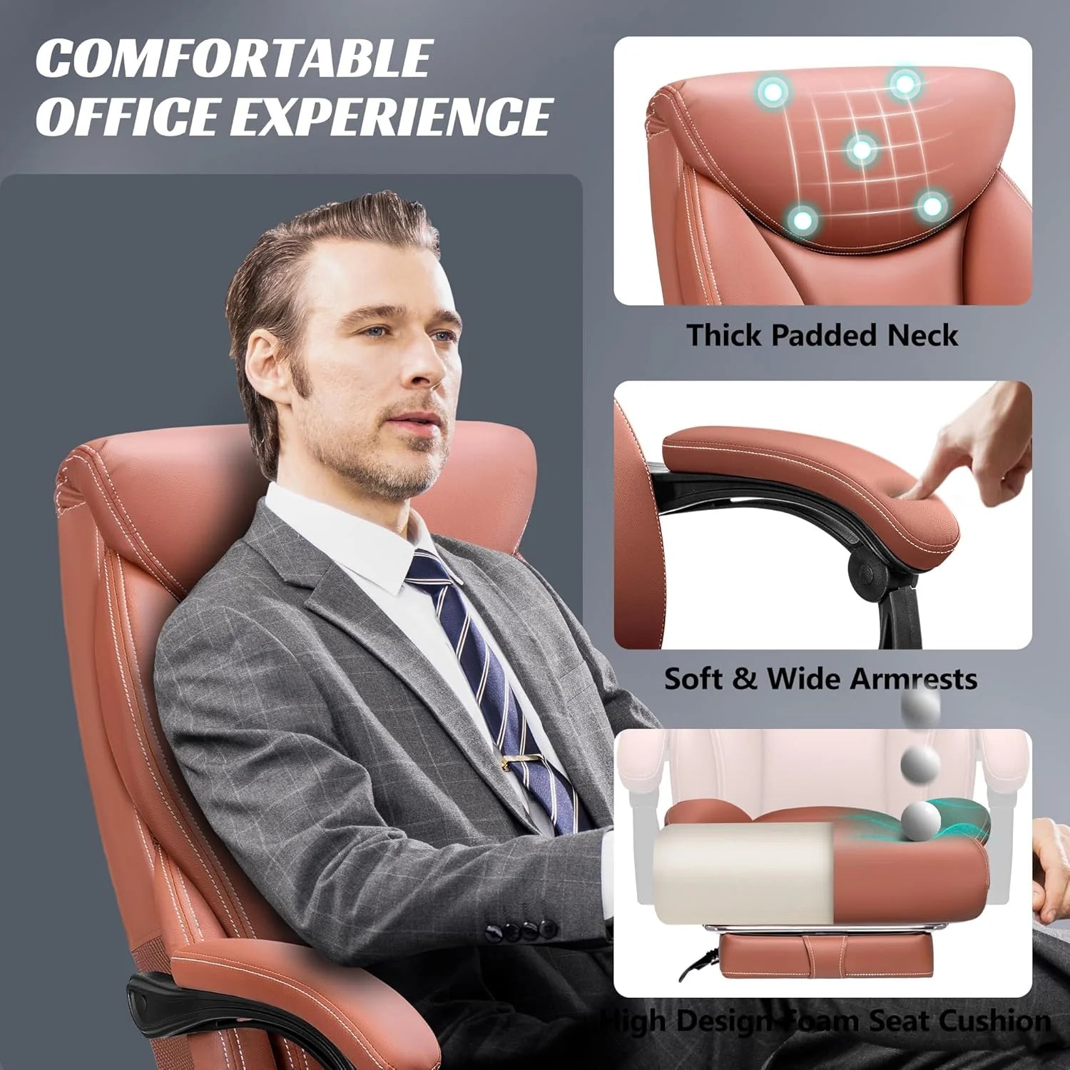Office Chair Large High-Foot Computer Desk Chair, Breathable Leather Chair Lumbar Support Rotating Computer Chair