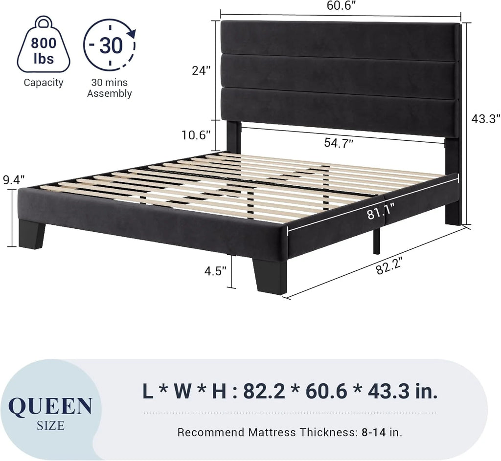 Allewie Queen Size Platform Bed Frame Fabric Upholstered Headboard Wooden Slats Support
