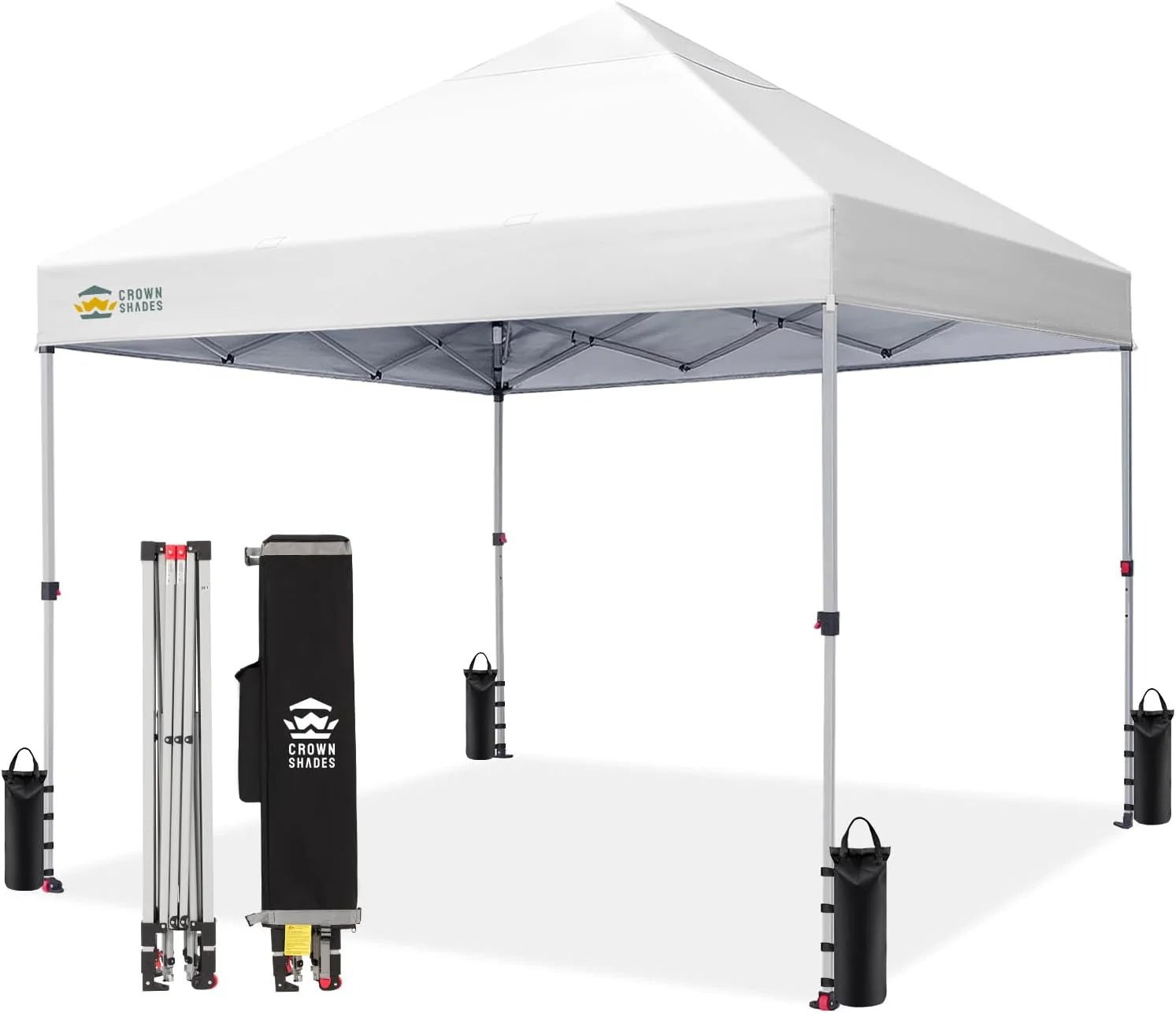 Crown Shades 10x10 Pop Up Canopy - Beach Tent with One Push Setup - Outdoor Sun Shade for Events, Parties, Camping - Gazebo with STO-N-Go Cover Bag, Silver Coated Top, 3 Height& 4 Sand Bags, Yellow