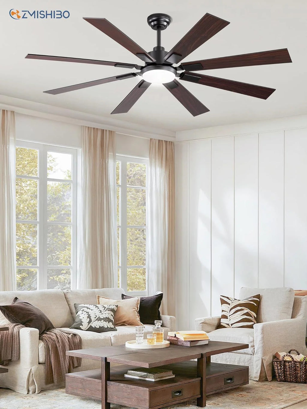 ZMISHIBO 72 inch Large Ceiling Fans with Lights and Remote, Indoor/Outdoor Black Modern Ceiling Fan for Kitchen Living Room Patio, 6 Speed Reversible Quiet DC Motor, 3 CCT, Dual Finish 8 Blades