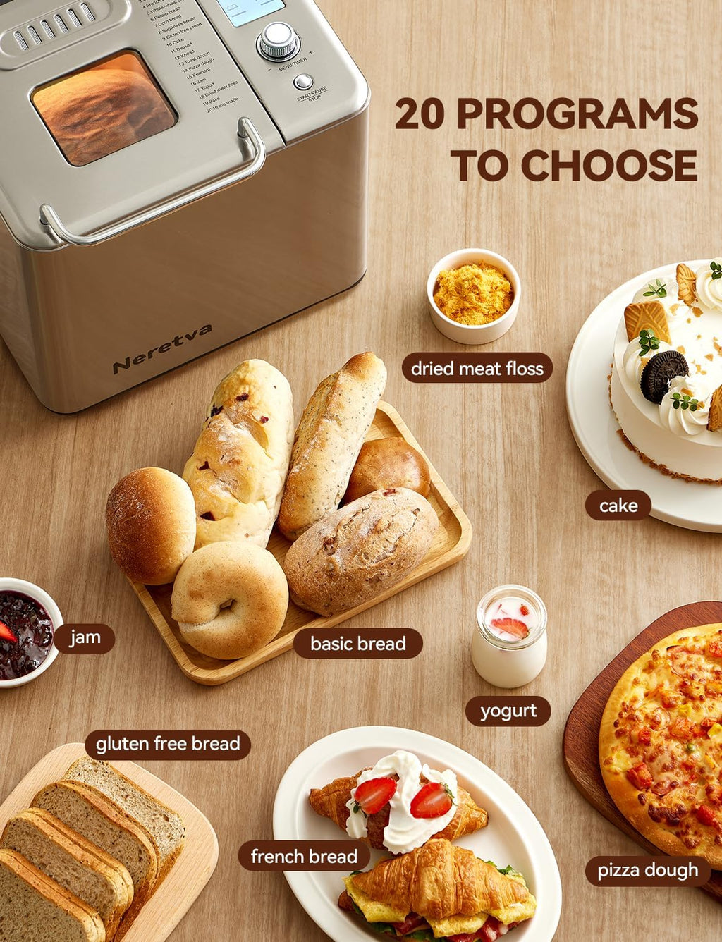 Neretva Bread Maker 20-in-1 2LB Bread Maker Dual Heater Bread Maker Automatic