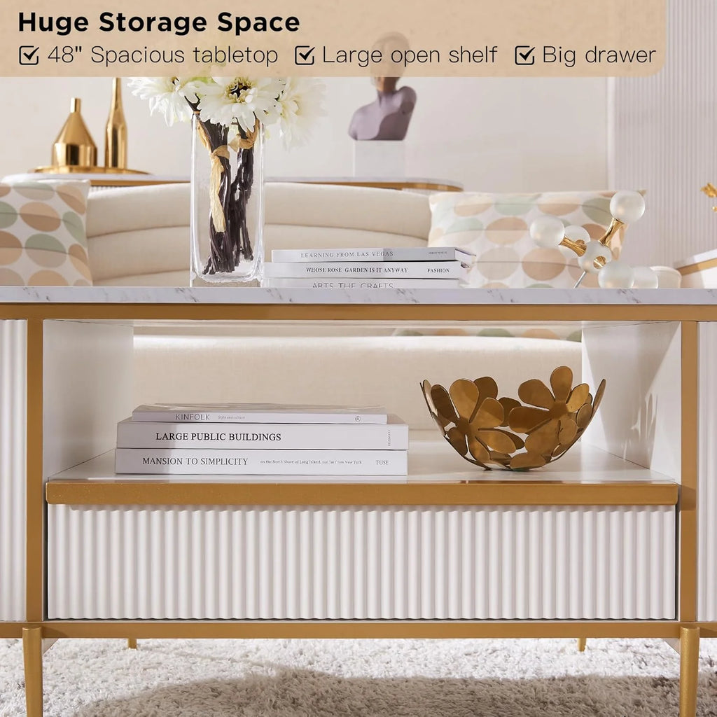 OKD Modern Luxury Grooved Coffee Table, 48 Inch Oval Coffee Table with Drawers, Imitation Marble Top, Curved Contour Design, Gold Metal Trim, Living Room Center Table
