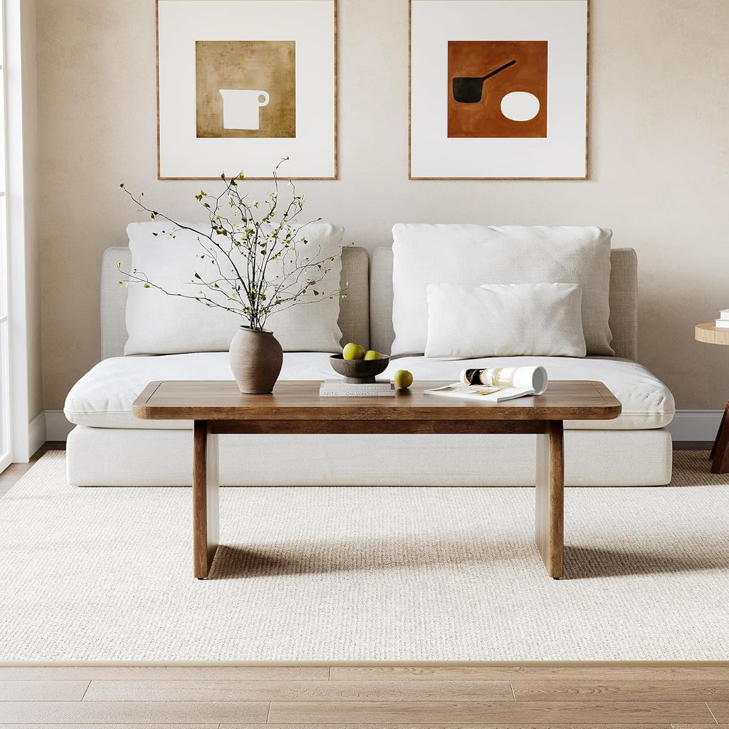 LITTLE TREE Farmhouse Coffee Table, 47 Inch Round Corner Wood Center Table, Rectangular Living Room Table, Modern Low Cocktail Tea Set