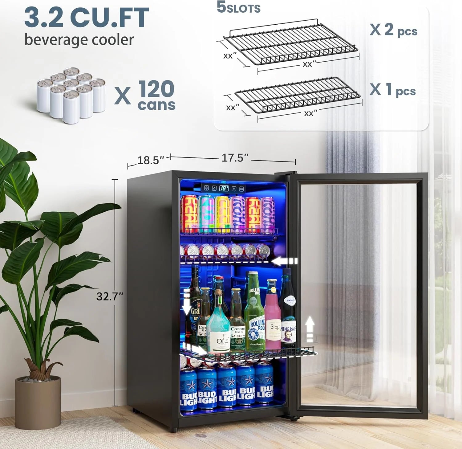 Beverage Refrigerator Cooler-120 Cans Freestanding Mini Fridge Cooler with Glass Door