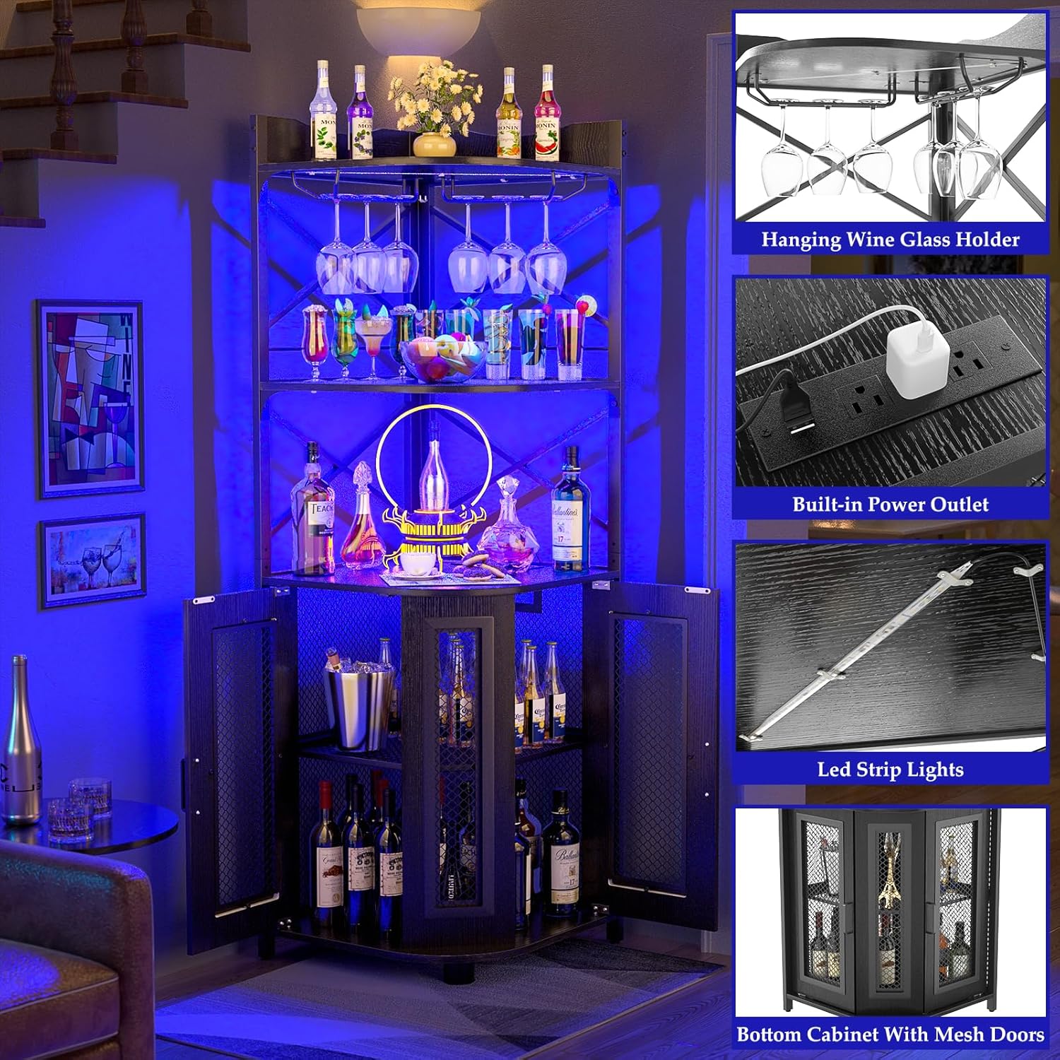 Corner bar cabinet with power socket, industrial style wine cabinet with LED light strip and glass rack, home five-layer wine cabinet bar unit, small space corner display cabinet