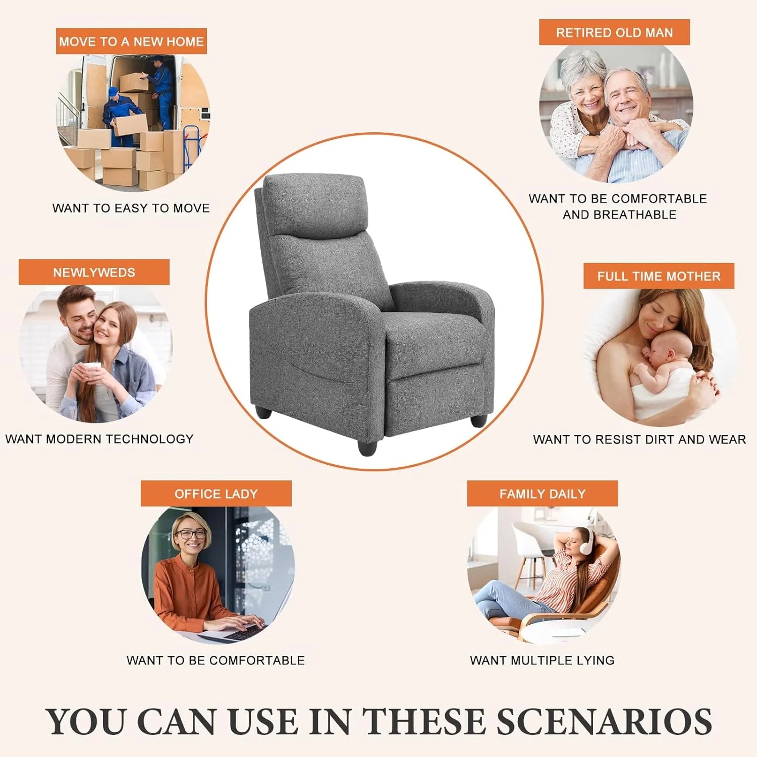 Sweetcrispy Massage Recliner Chair for Adults, Adjustable Home Theater Seating with Lumbar Support for Living Room, Modern Fabric Reclining, Light Grey