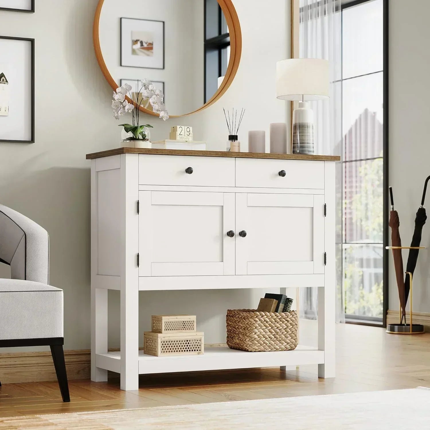 Farmhouse style console table coffee bar entry table with storage rack sofa table