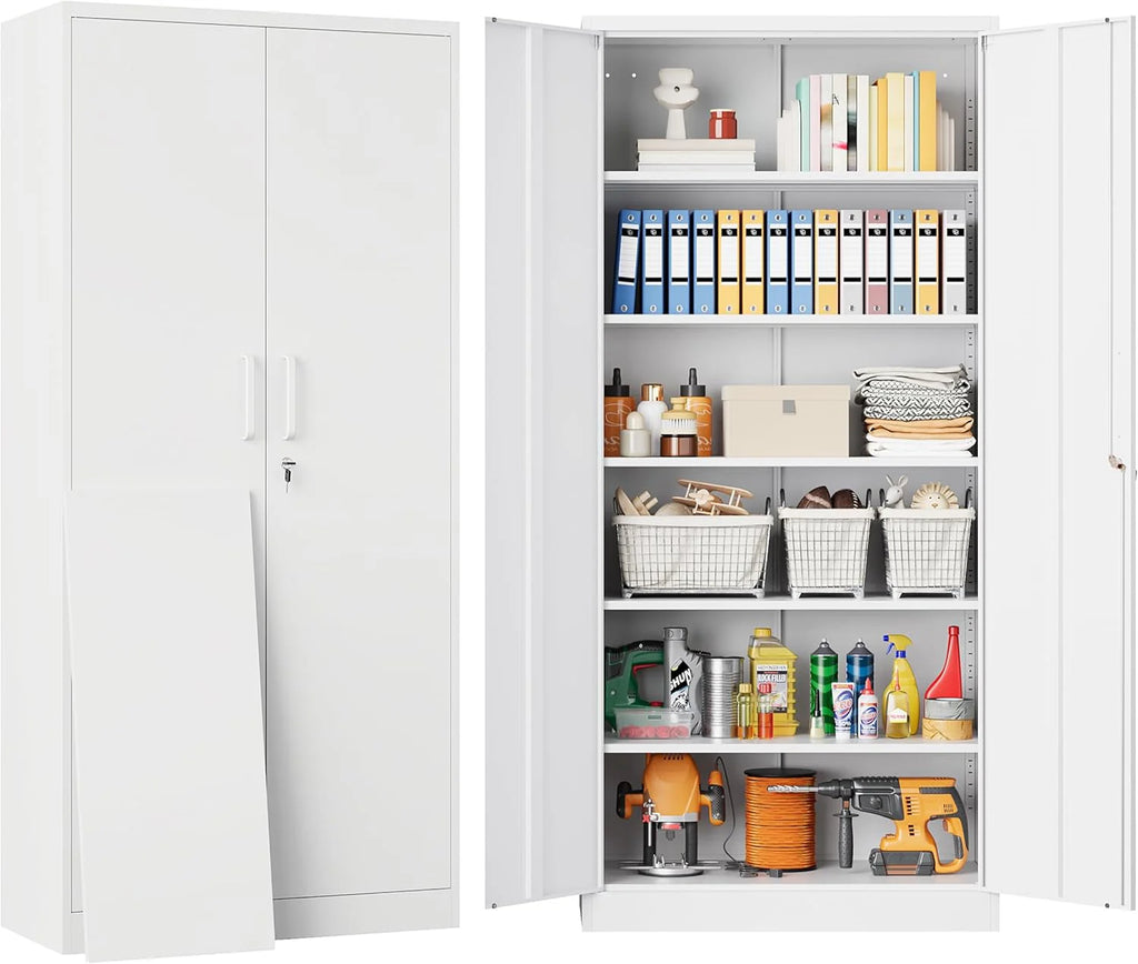 Metal Storage Cabinet with 2 Doors and 6 Shelves, Black Metal Cabinet with Lock, 71 Inch Lockable Garage Storage Cabinet