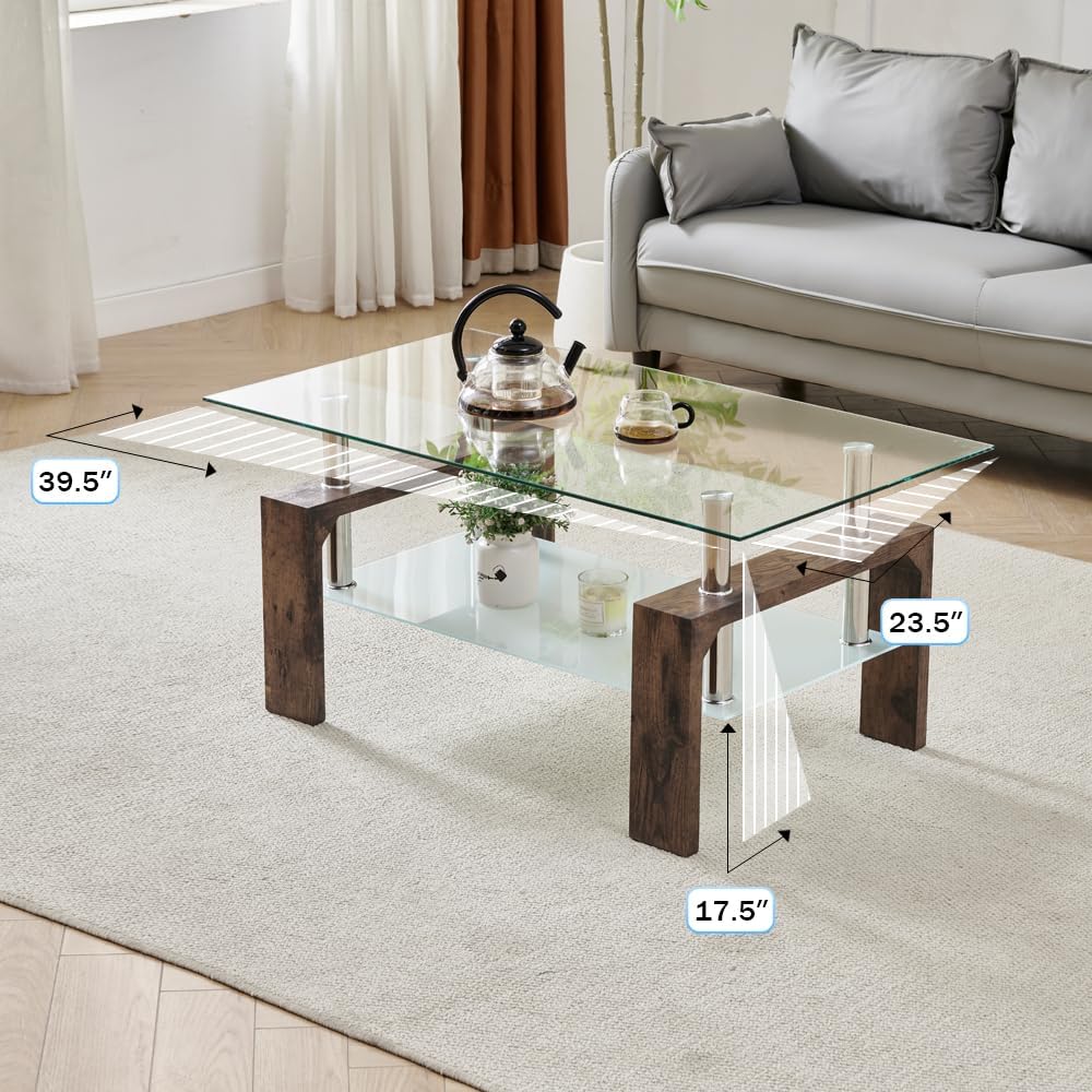 Living Room Rectangle Coffee Table, Tea Table Suitable for Waiting Room, Modern Side Coffee Table with Wooden Leg, Glass Tabletop