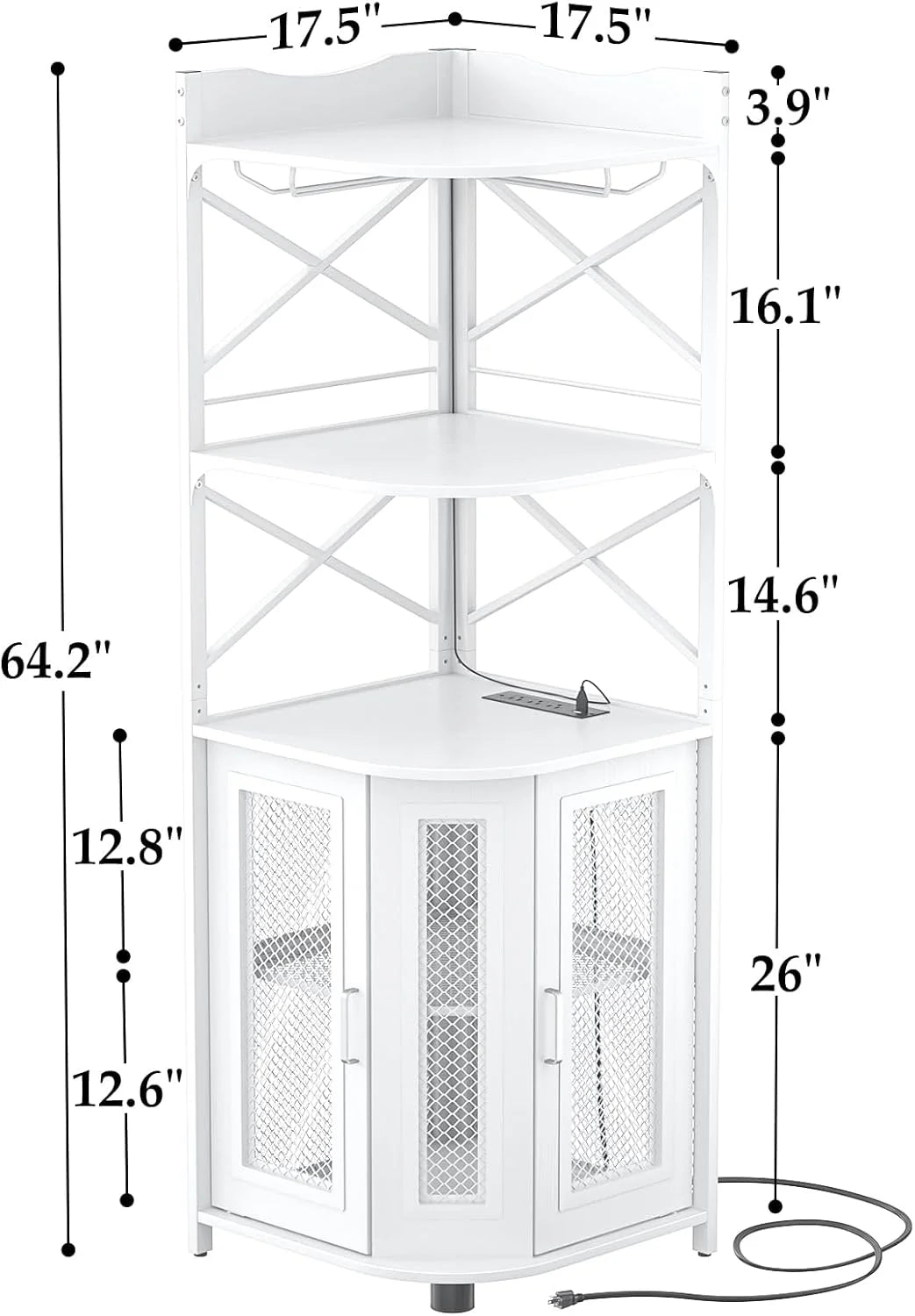 Aheaplus Corner Bar Cabinet with Power Outlet, Industrial Wine Cabinet with LED Strip and Glass Holder, 5-Tiers Liquor Cabinet Bar Unit for Home, Corner Display Cabinet for Small Space, White Oak