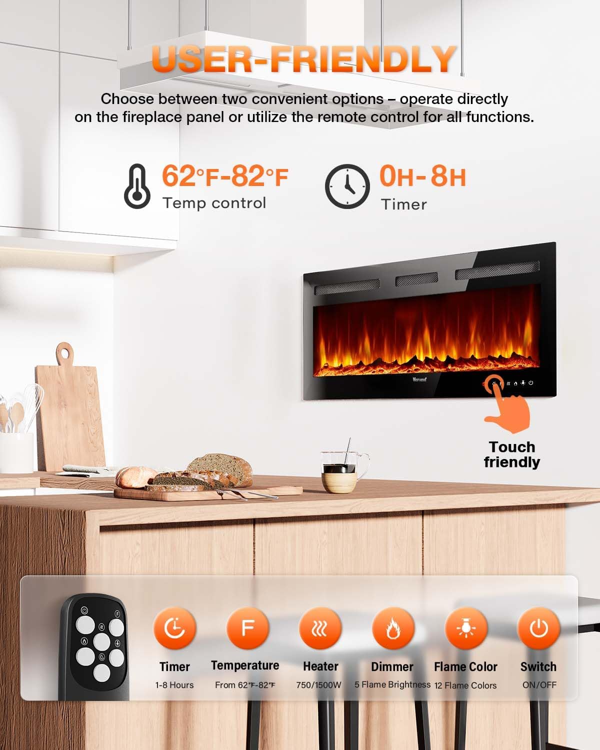 Electric Fireplace 60Inch,Wall Mounted Electric Fireplace Heater with Timer Inserts��TV Stand Touch Screen and Realistic Flame,Log Set,Crystal Flames 750 to 1500W��Remote for Living Room
