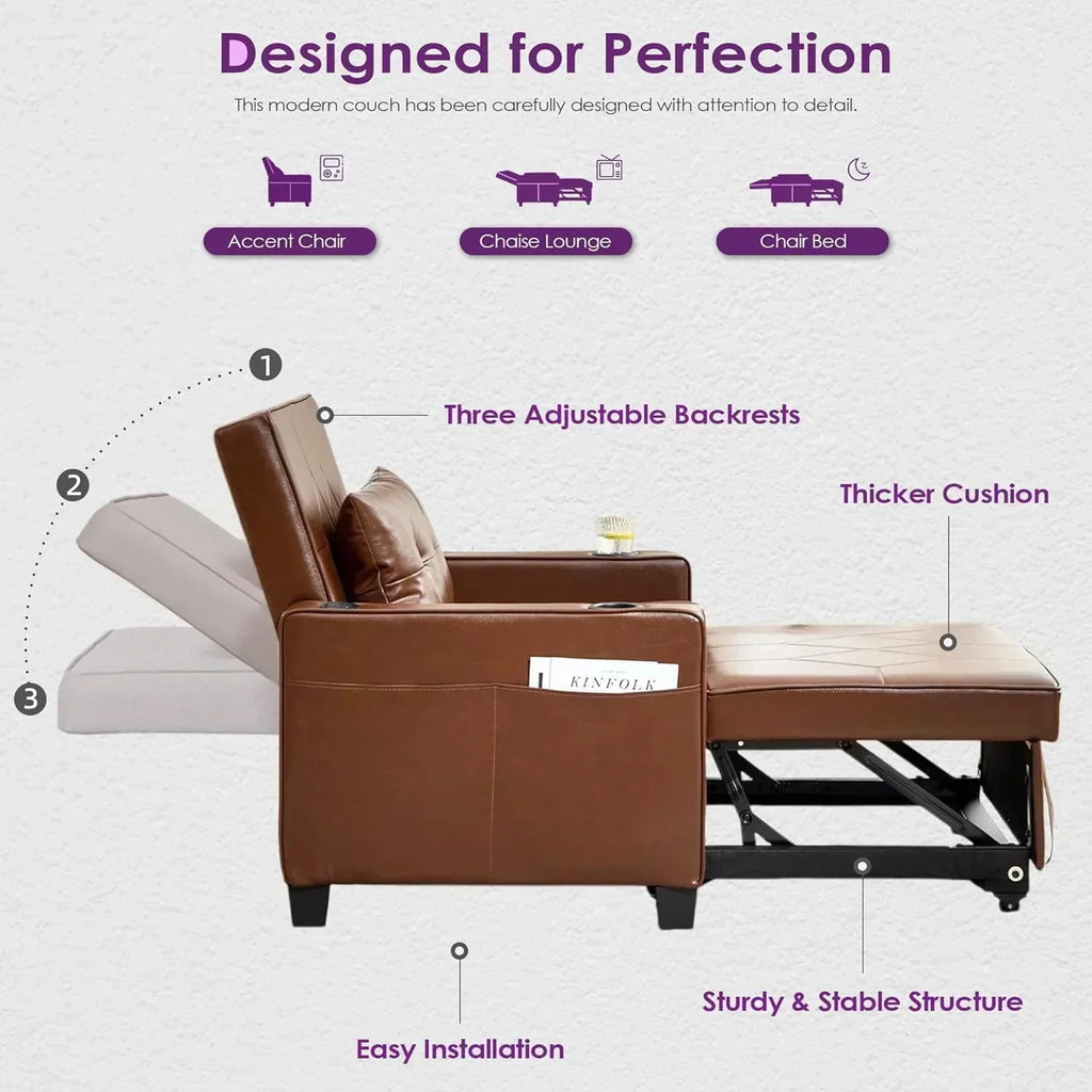 Adult Convertible Sleeper Chair Bed 3-in-1 Pull-Out Sofa Bed with USB/Type-C Ports Cup Holders