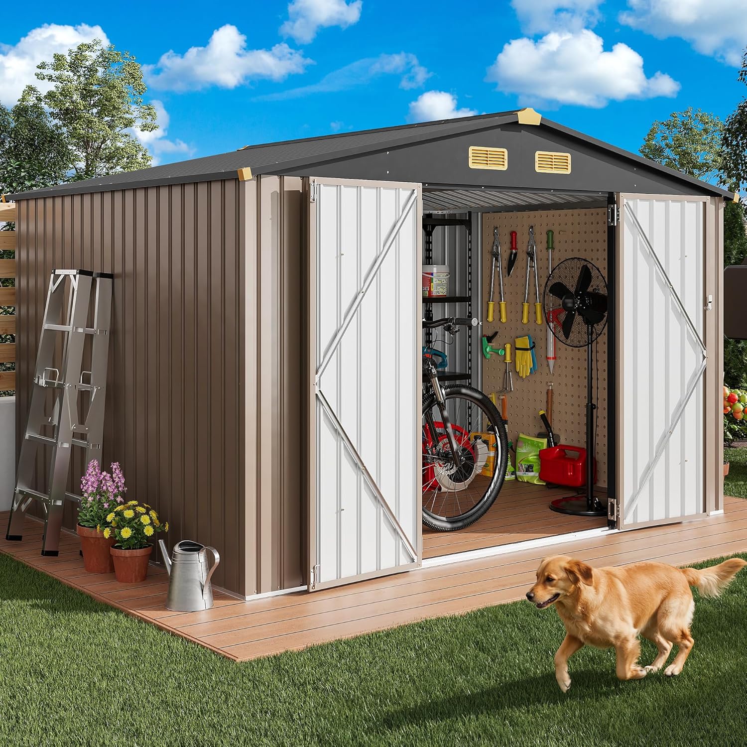 IRONCK 10x8FT Outdoor Storage Shed with Breathable Vent, Galvanized Steel Metal Tool Shed