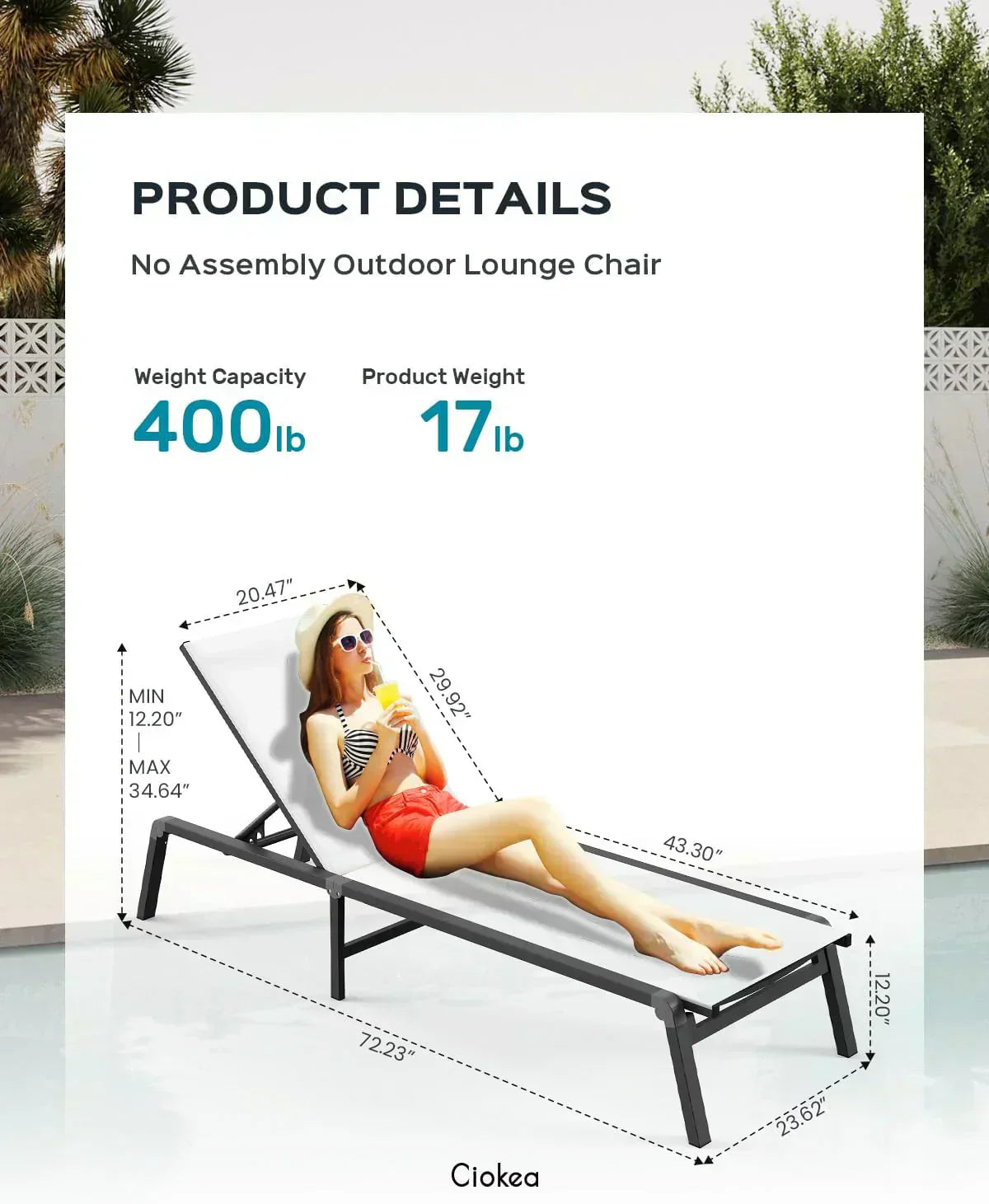 Aluminum Chaise Lounge Outdoor Foldable Assemble Free Outdoor Lounge Chair 5 Adjustable Backrest