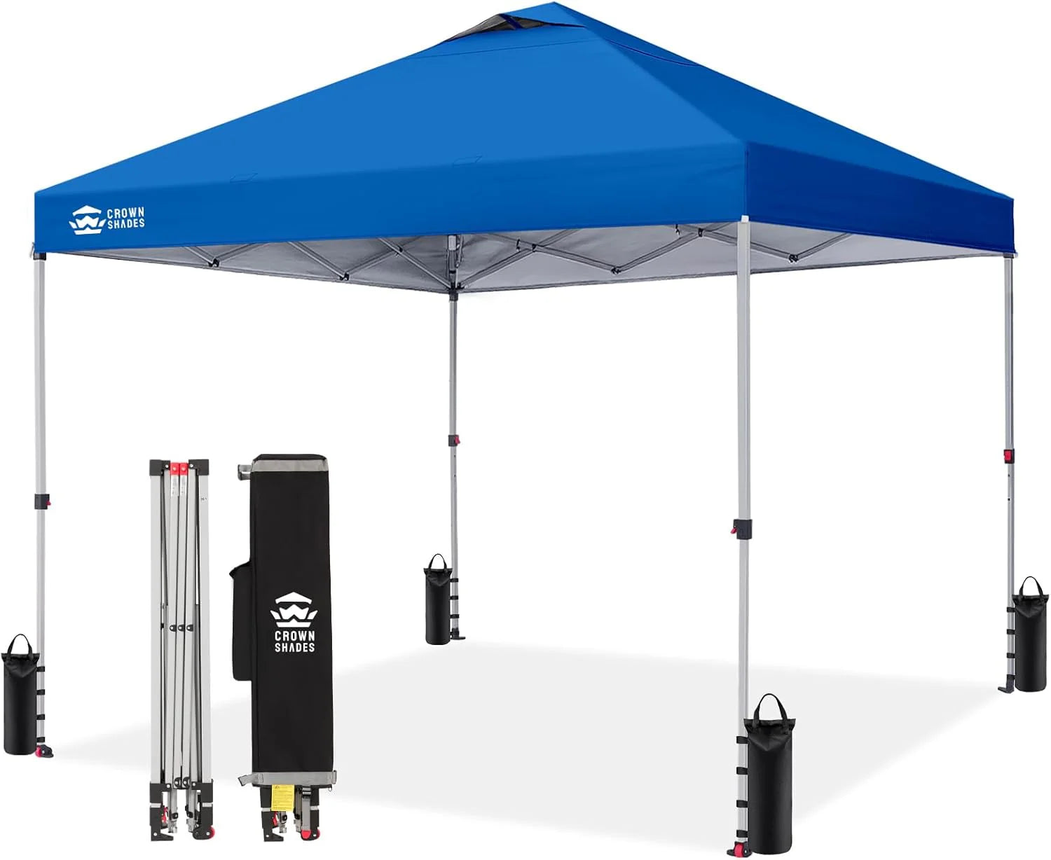 Crown Shades 10x10 Pop Up Canopy - Beach Tent with One Push Setup - Outdoor Sun Shade for Events, Parties, Camping - Gazebo with STO-N-Go Cover Bag, Silver Coated Top, 3 Height& 4 Sand Bags, Yellow