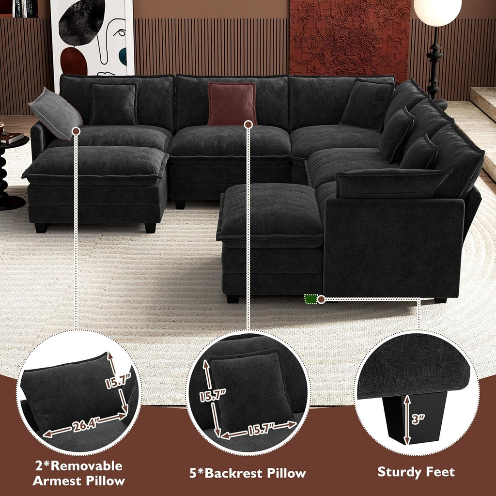 Ihanherry 146 U-Shaped Modern Sofa Modular Sectional Cloud Couch with 2 Ottoman, 6-Seat Chenille Deep Seat Sofa with 6 Pillows for Living Room, Bedroom and Apartment, Grey