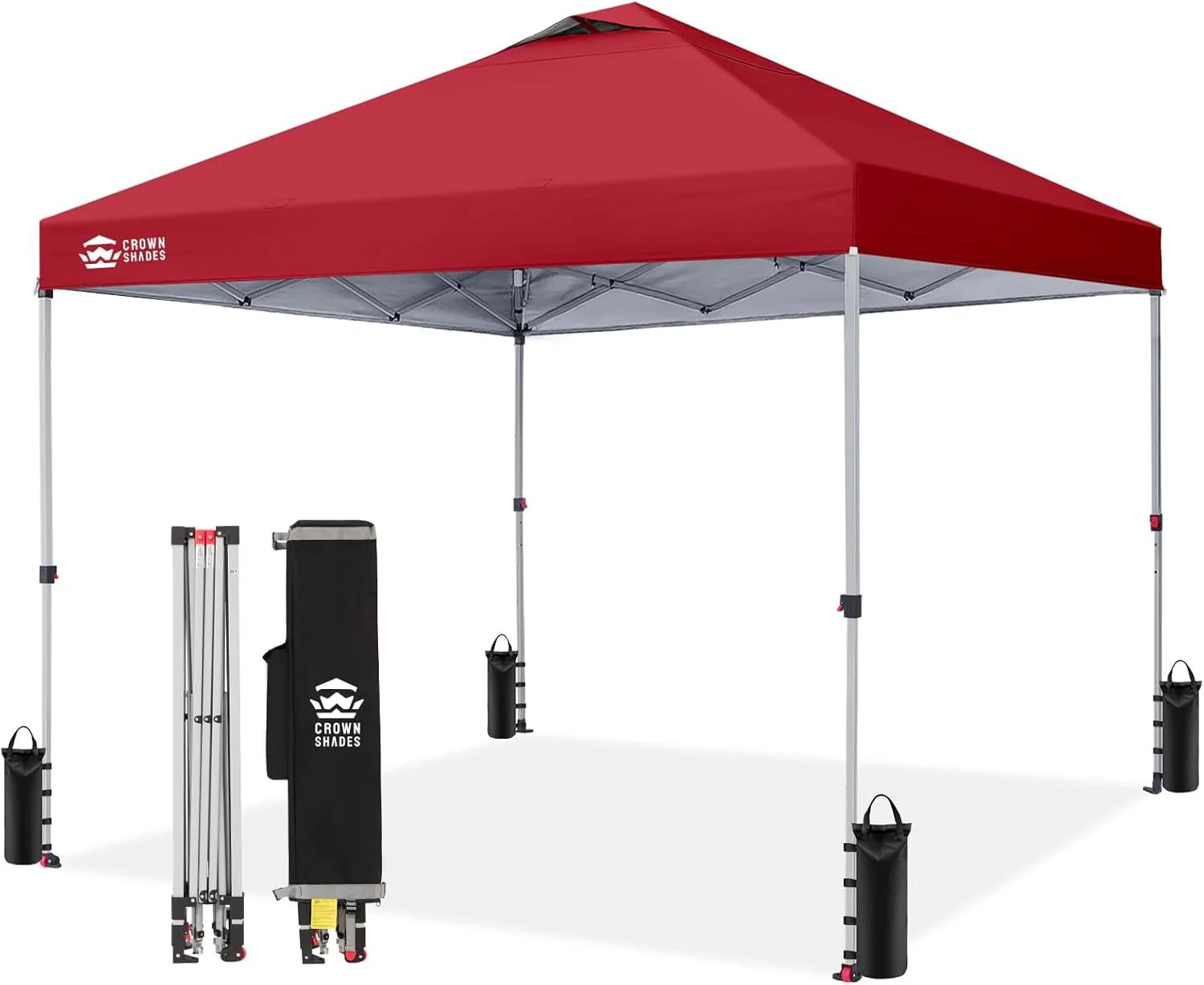 Crown Shades 10x10 Pop Up Canopy - Beach Tent with One Push Setup - Outdoor Sun Shade for Events, Parties, Camping - Gazebo with STO-N-Go Cover Bag, Silver Coated Top, 3 Height& 4 Sand Bags, Yellow