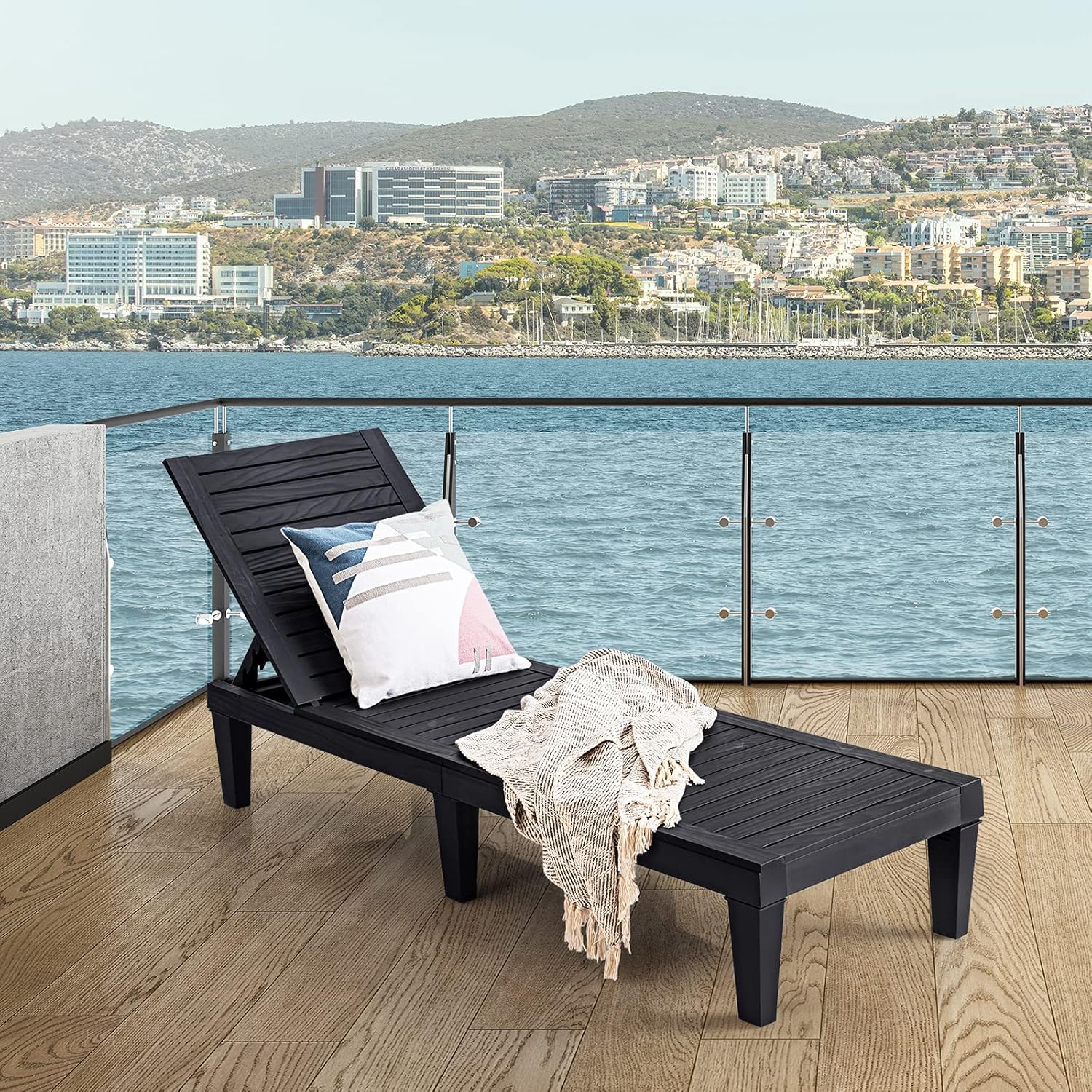 Outdoor Chaise Lounge Chair, Lightweight Patio Lounge Recliner Chair with Adjustable Backrest, 5 Reclining Positions Chaise Lounger for Patio, Beach, Balcony, Poolside, Backyard (1, Black)