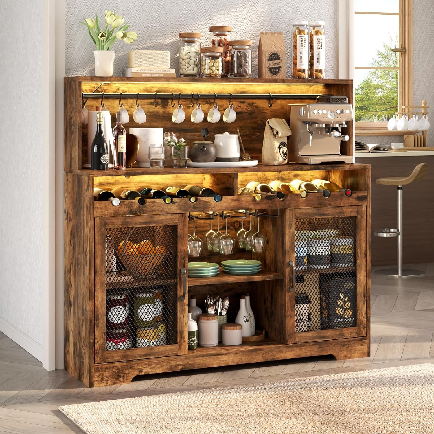 Wine Bar Cabinet with LED Light Liquor Cabinet with Glass Holder Coffee Bar for Liquor