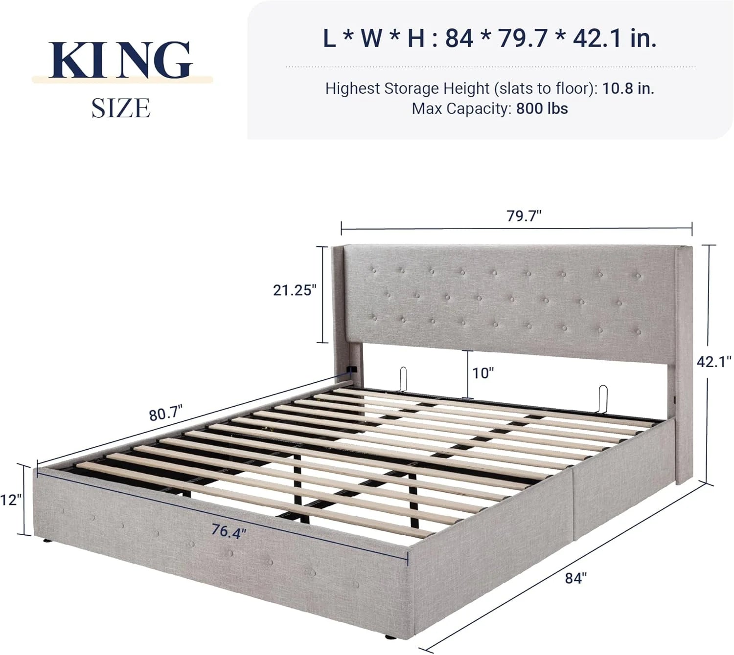 Allewie Queen Size Lift Up Storage Bed Modern Wingback Headboard Hydraulic Support