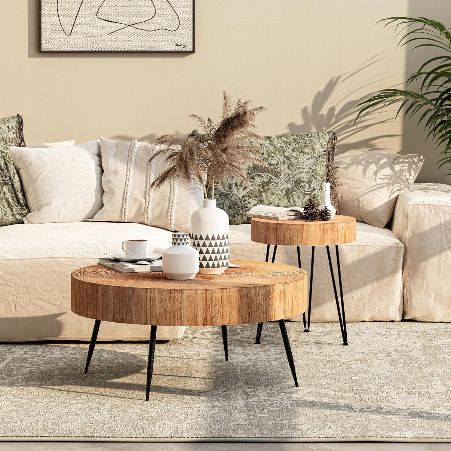 Two-Piece Modern Farmhouse Living Room Coffee Table Set Round Nesting Tables