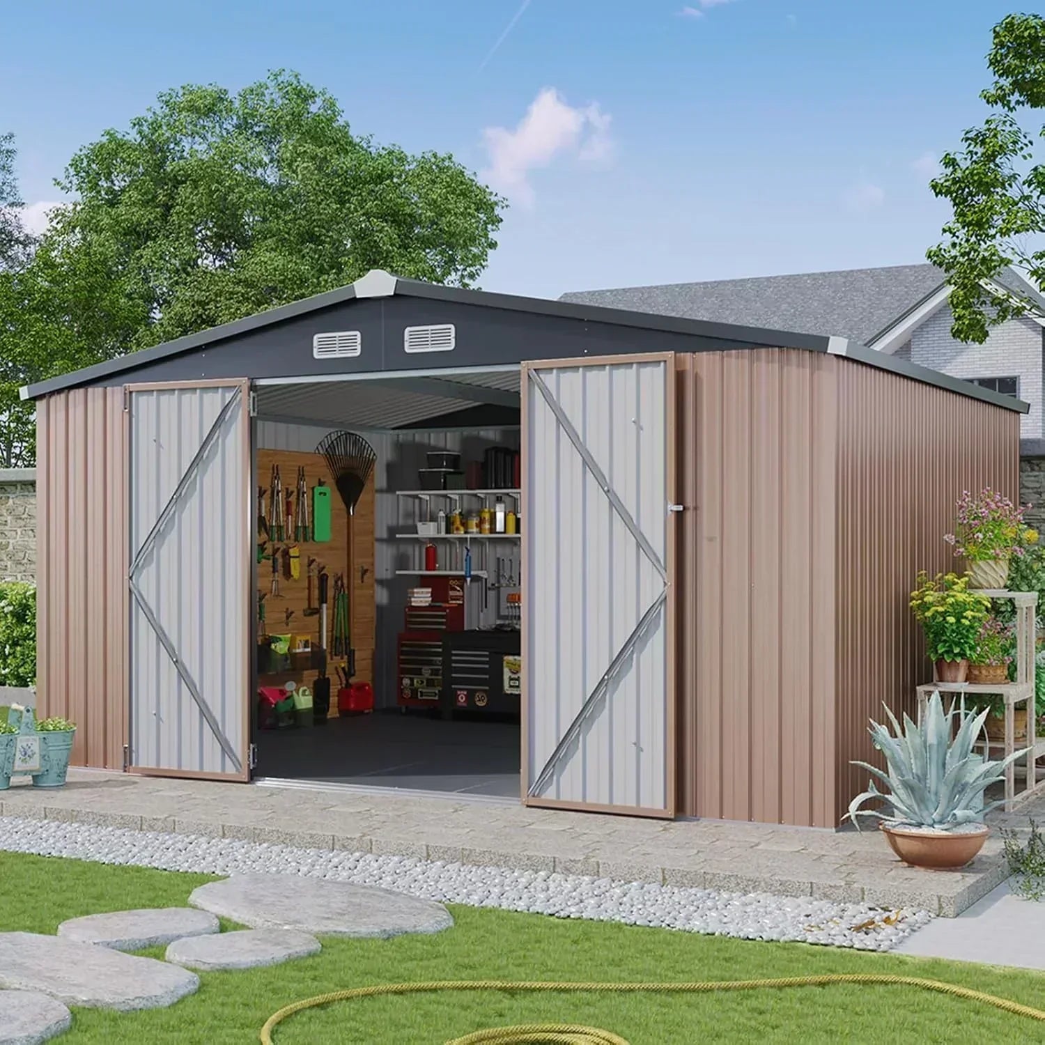 Aoxun 12x10 FT Shed Metal Outdoor Waterproof Storage Shed Steel Utility Garden Tool Shed