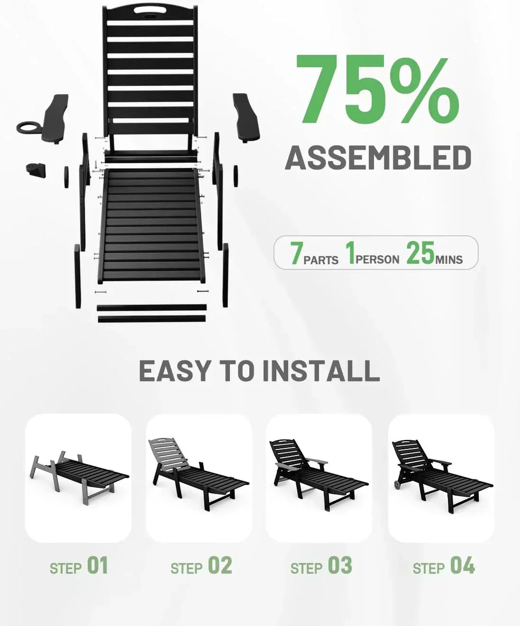 Lounge Chair Outdoor Chaise Lounge HDPE 6-Position Outdoor Chaise Lounge Patio Lounge Chair