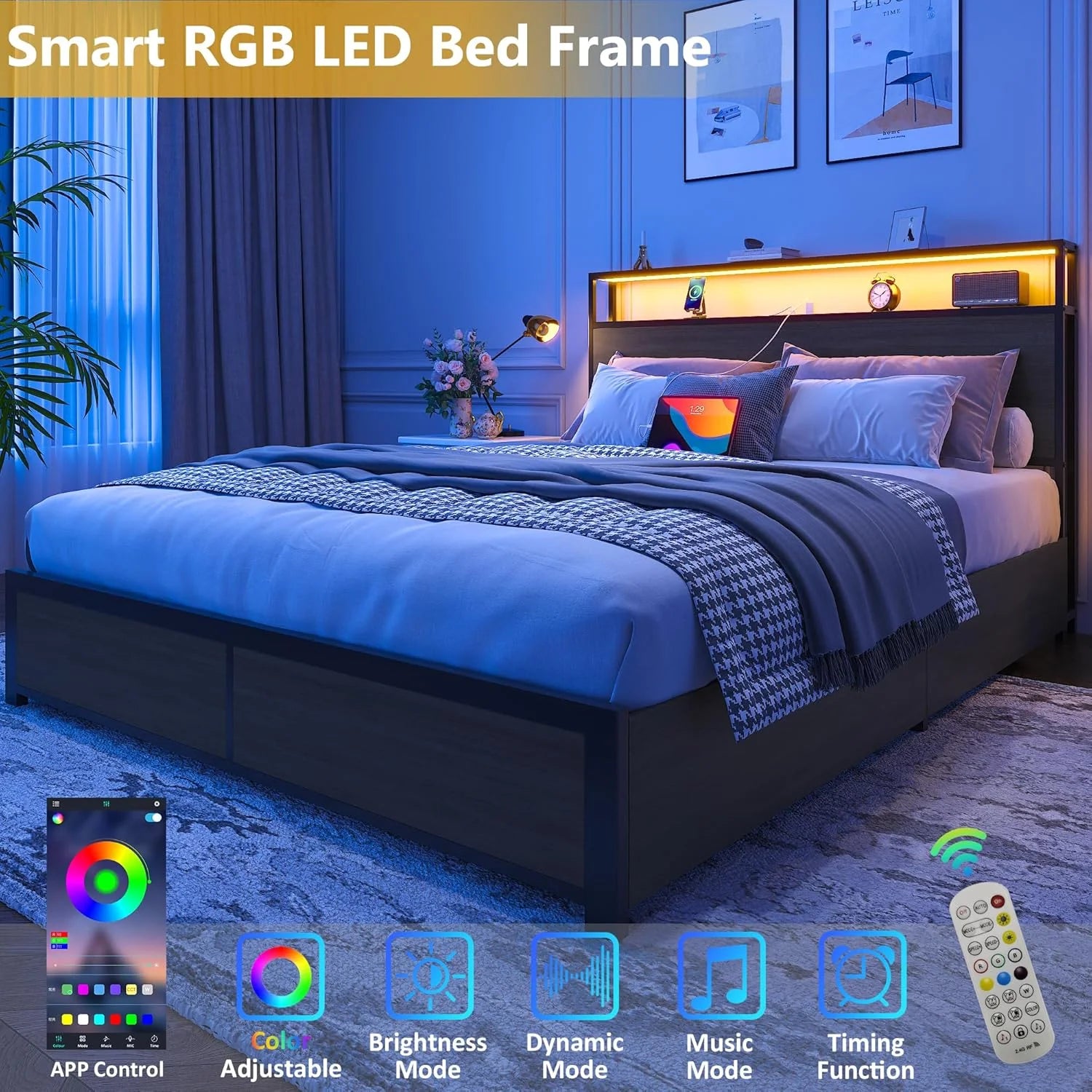 Lifezone Queen Bed Frame with 2-Tier Storage Headboard, Metal Platform Bed Frame with 4 Storage Drawers, Built in Charging Station & LED, Noise-Free/Metal Support/No Box Spring Needed