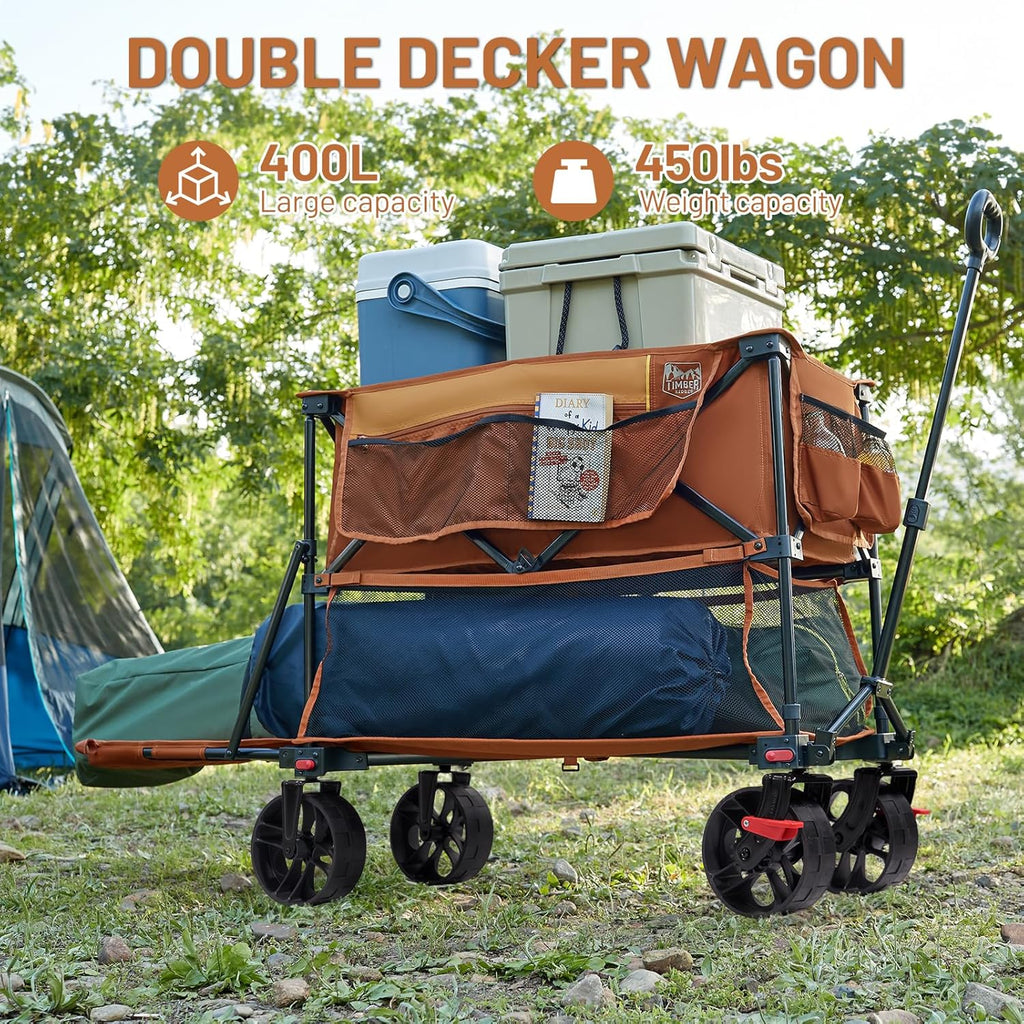 400L Large Capacity Folding Double Decker Cart with Brakes, 54 Inch Extra Long Extended Cart, 450 Pounds Heavy Duty Folding Cart