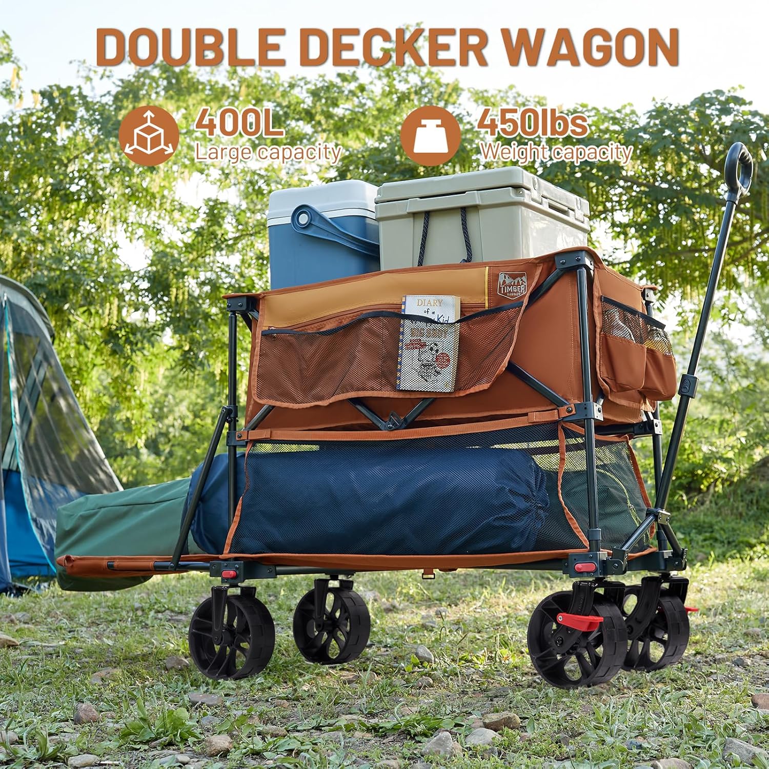 400L Large Capacity Folding Double Decker Cart with Brakes, 54 Inch Extra Long Extended Cart, 450 Pounds Heavy Duty Folding Cart