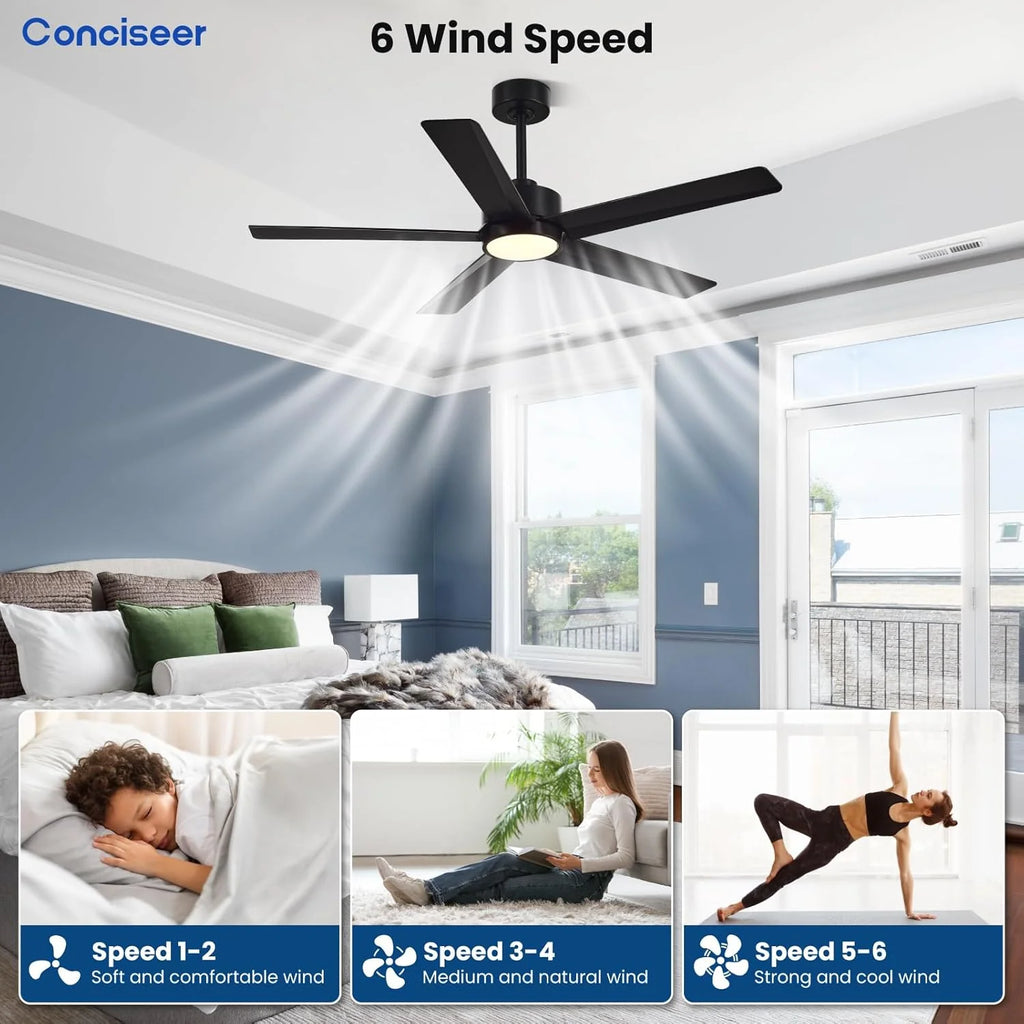 Modern Ceiling Fans with Lights, 72 Inch Ceiling Fan with Light and Remote, Bedroom Living Room Library Cafe Outdoor/Industrial,24W 3CCT Dimmable, 8 Blades 6 Speed Reversible Quiet DC Motor, Black