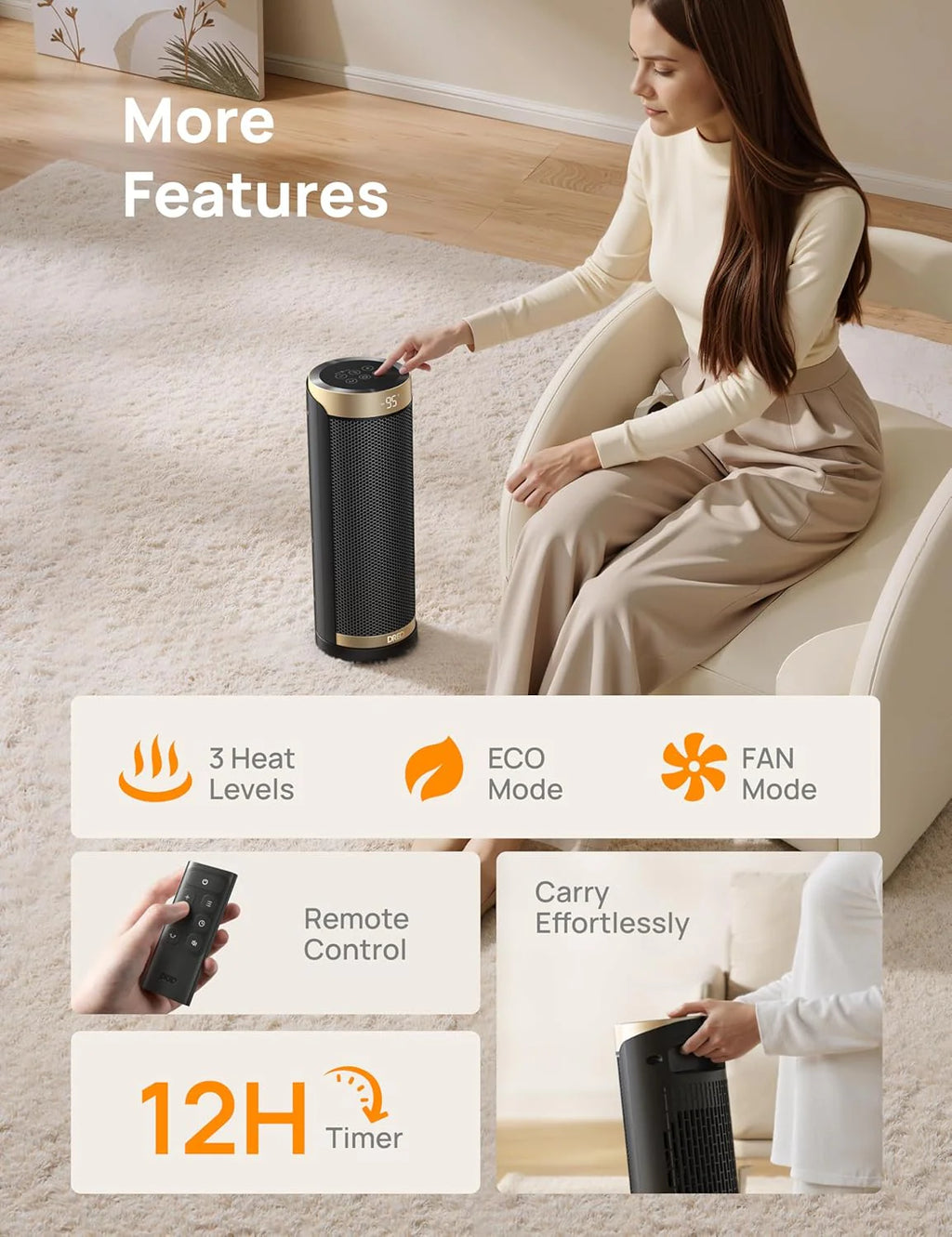 Dreo Space Heater, 1500W Electric Heaters for Indoor Use with Thermostat, 70�� Oscillation, 8 Safety Protections, 5 Modes, Remote, 12H Timer, Quiet Portable Heater for Office, Bedroom, Large Room