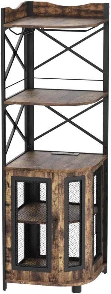 Aheaplus Corner Bar Cabinet with Power Outlet, Industrial Wine Cabinet with LED Strip and Glass Holder, 5-Tiers Liquor Cabinet Bar Unit for Home, Corner Display Cabinet for Small Space, White Oak