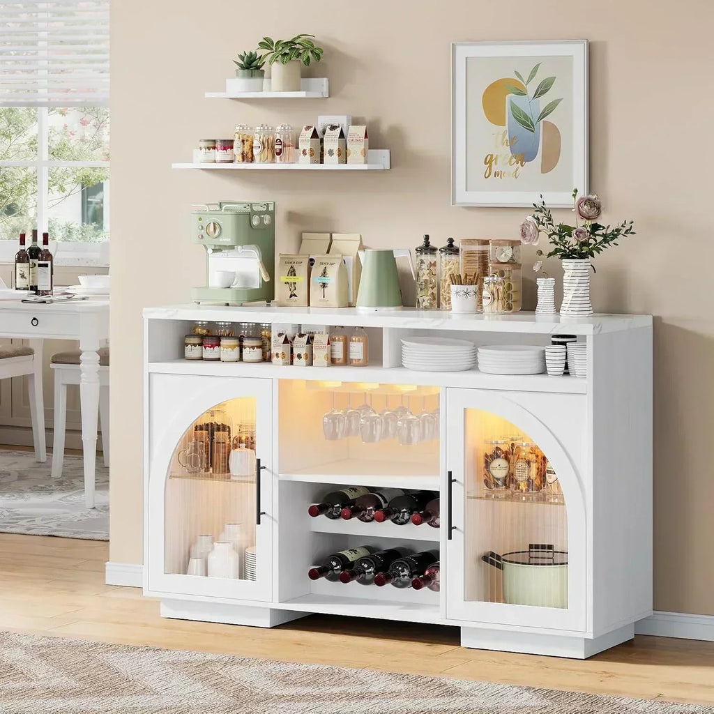 Sideboard 54-inch kitchen cabinet with LED lights and arched glass doors tall bar cabinet