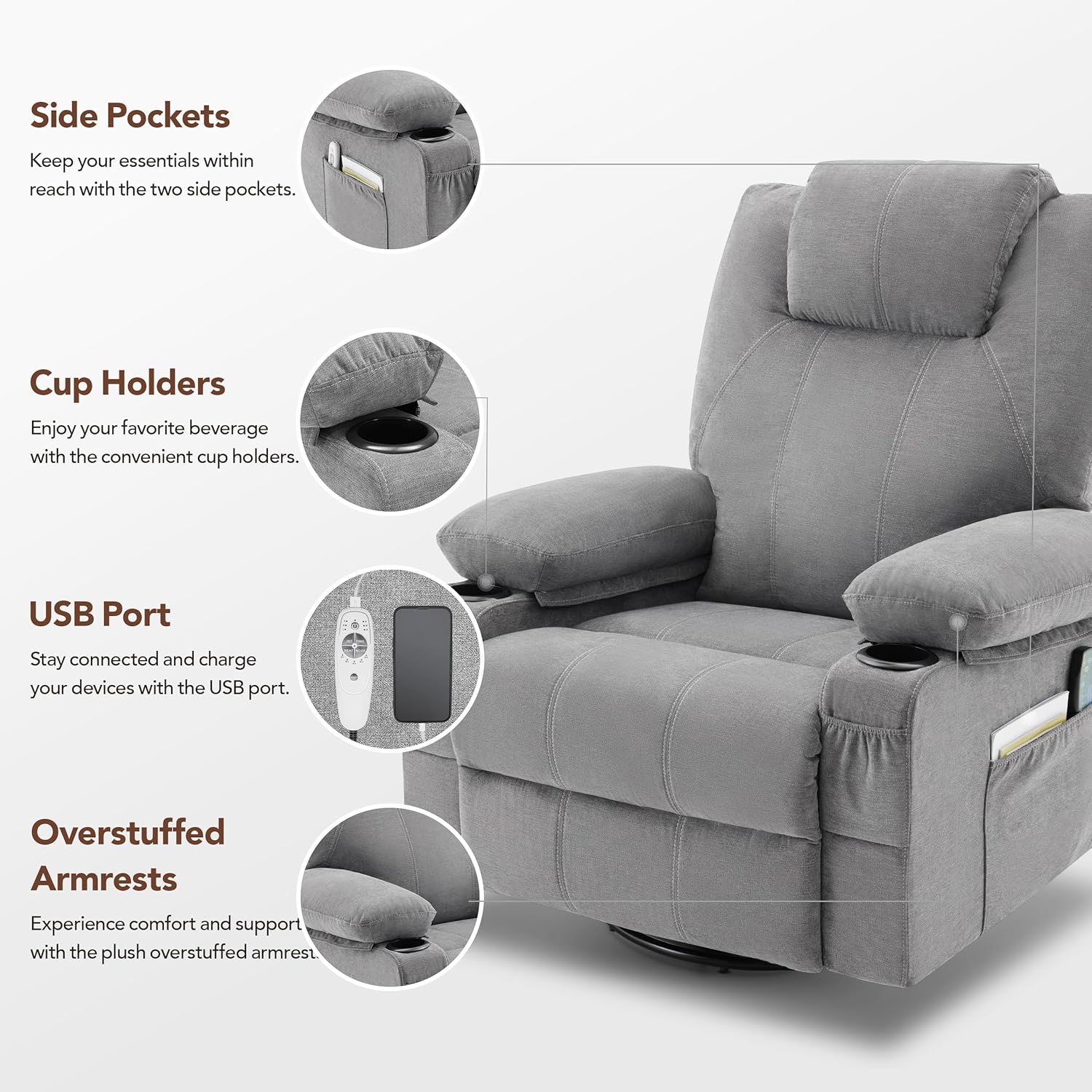 Large Swivel Rocking Recliner with Massage Function 360 Degree Swivel Rocking Single Sofa