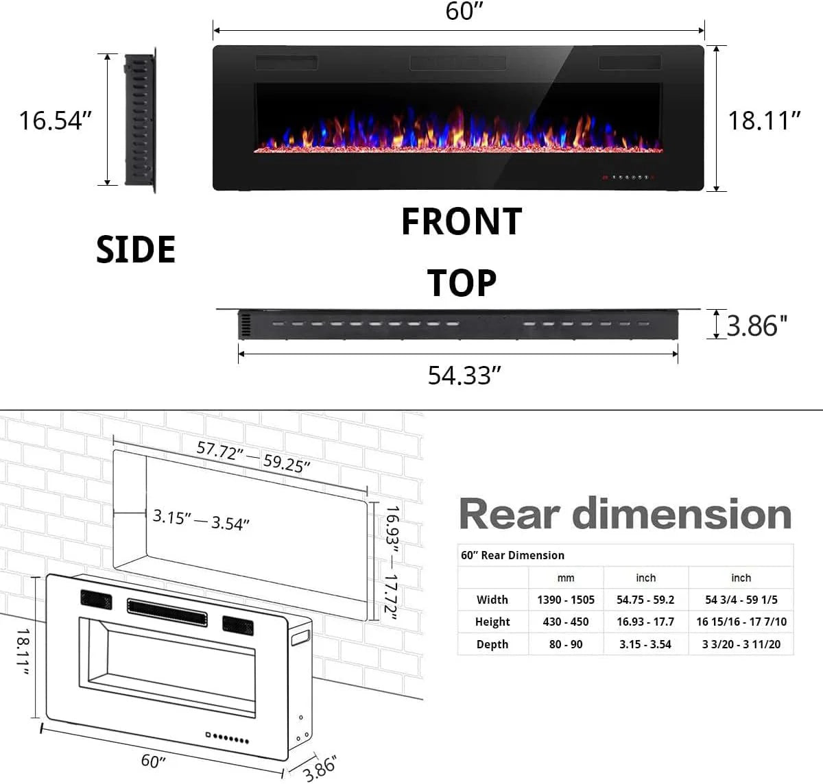R.W.FLAME 60 Recessed and Wall Mounted Electric Fireplace, Low Noise, Fit for 2 x 6 Stud, Remote Control with Timer, Touch Screen, Adjustable Flame Color and Speed, 750-1500W